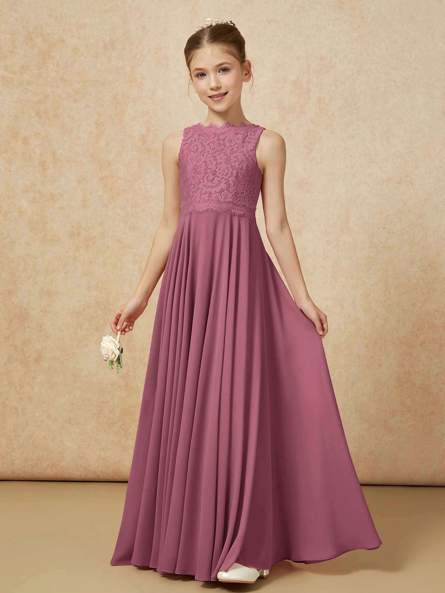 Bateau A-line Floor-length Chiffon Junior Bridesmaid Dress Mulberry - Image 3