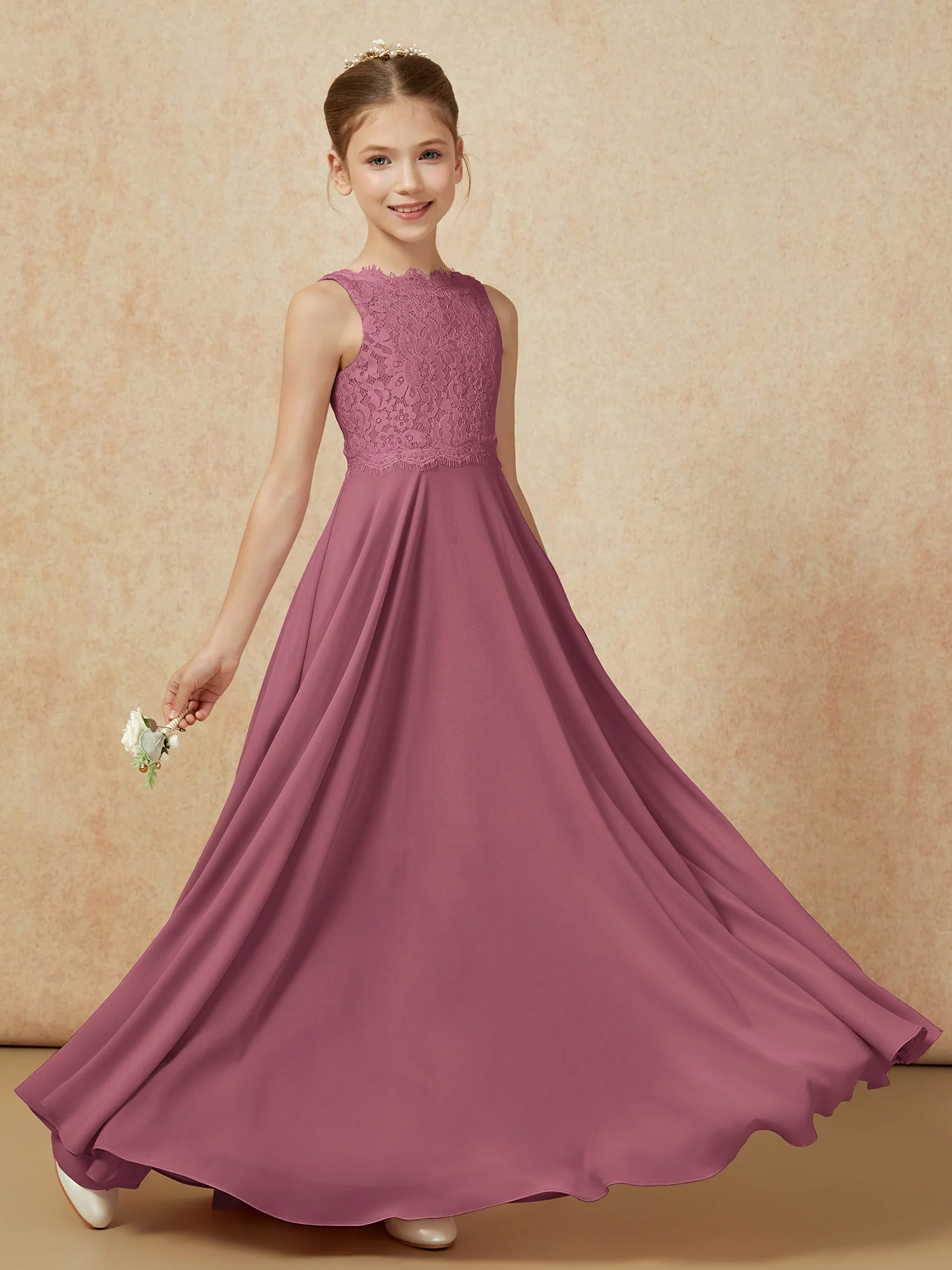 Bateau A-line Floor-length Chiffon Junior Bridesmaid Dress Mulberry - Image 6