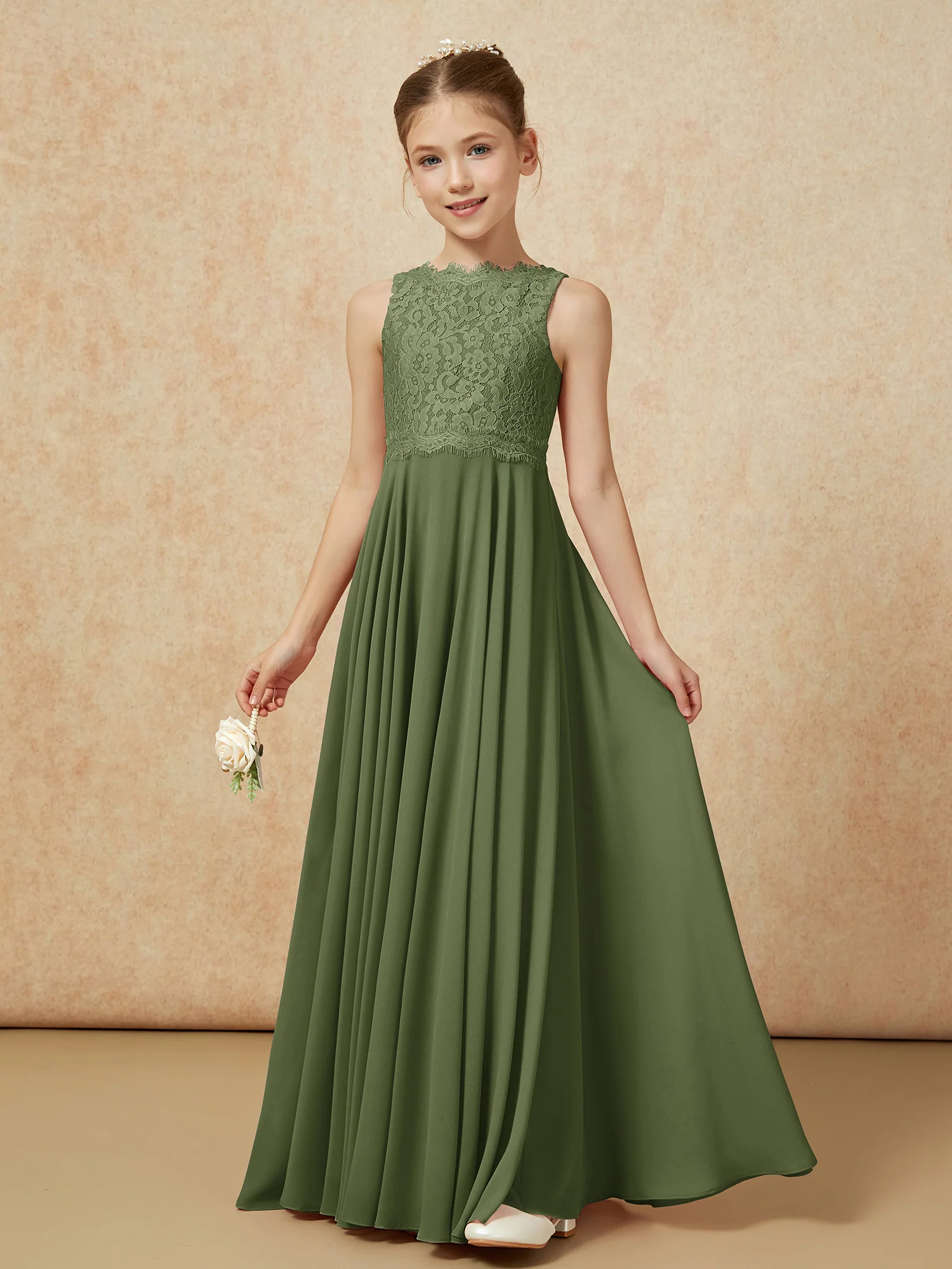 Bateau A-line Floor-length Chiffon Junior Bridesmaid Dress Olive Green - Image 3