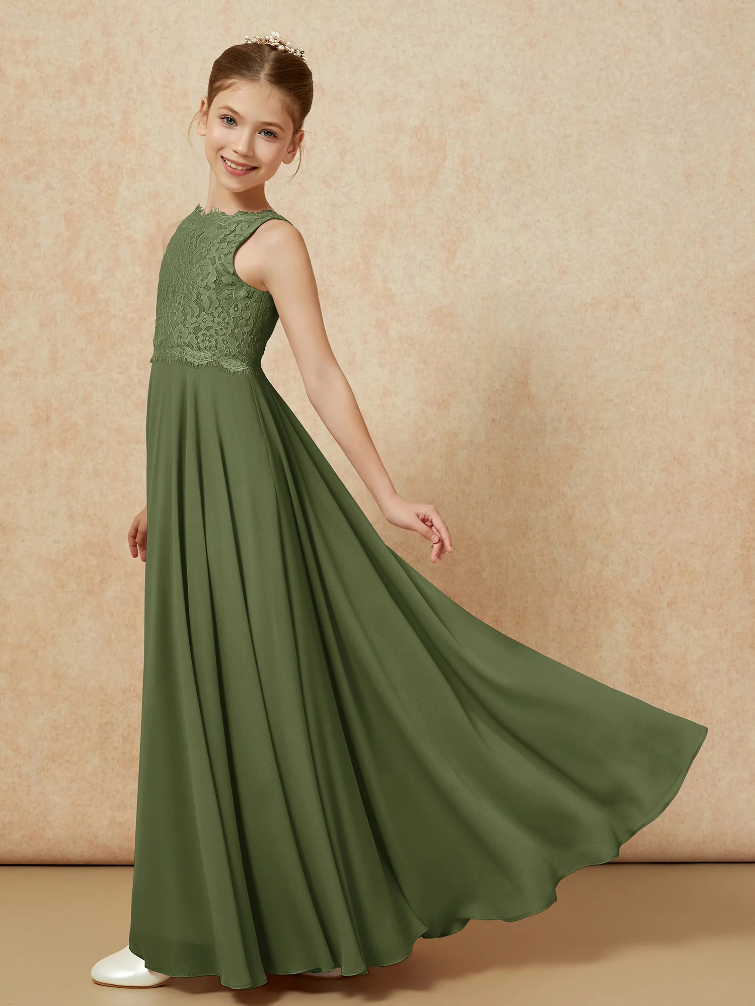 Bateau A-line Floor-length Chiffon Junior Bridesmaid Dress Olive Green - Image 4