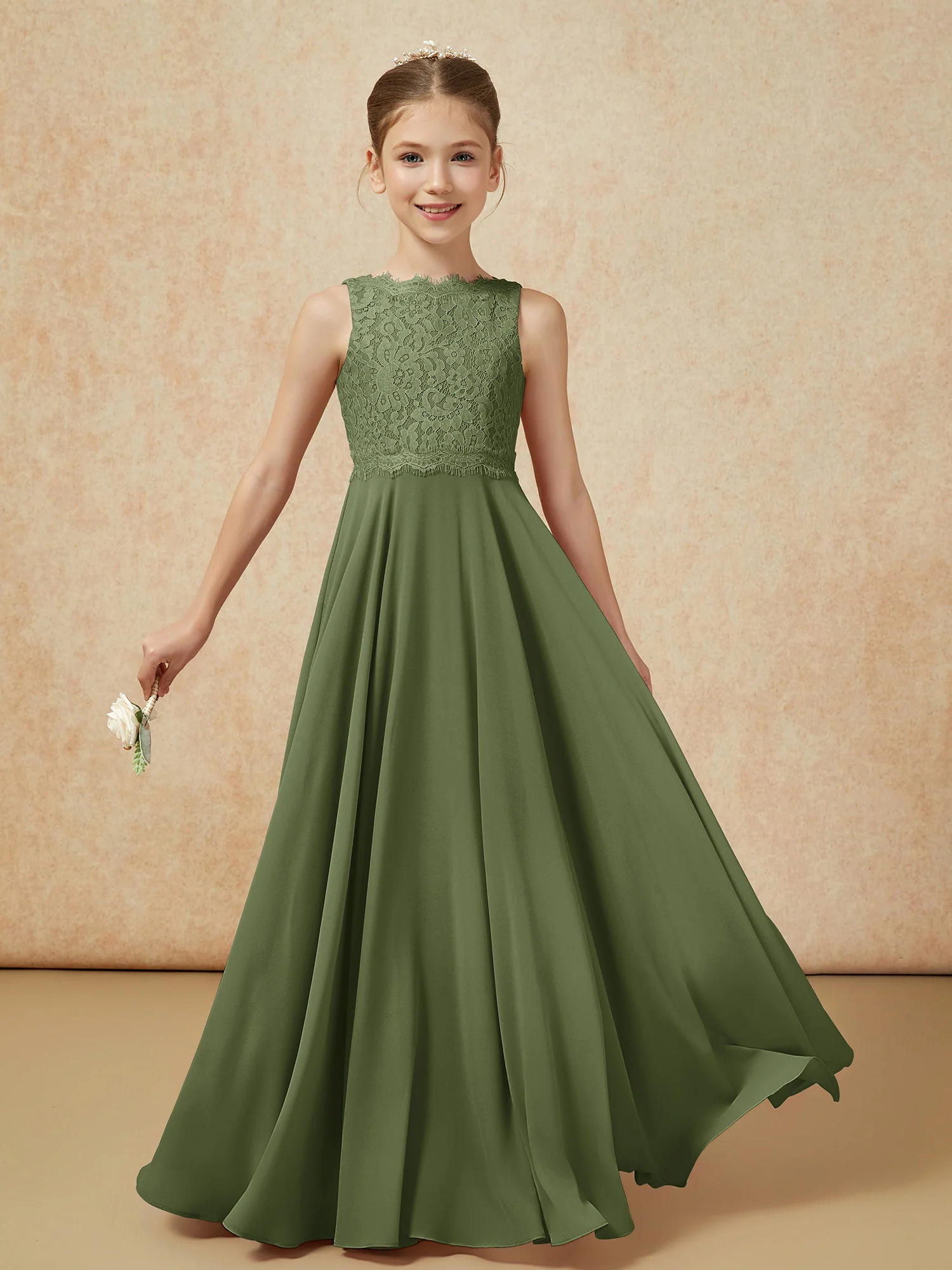 Bateau A-line Floor-length Chiffon Junior Bridesmaid Dress Olive Green - Image 5