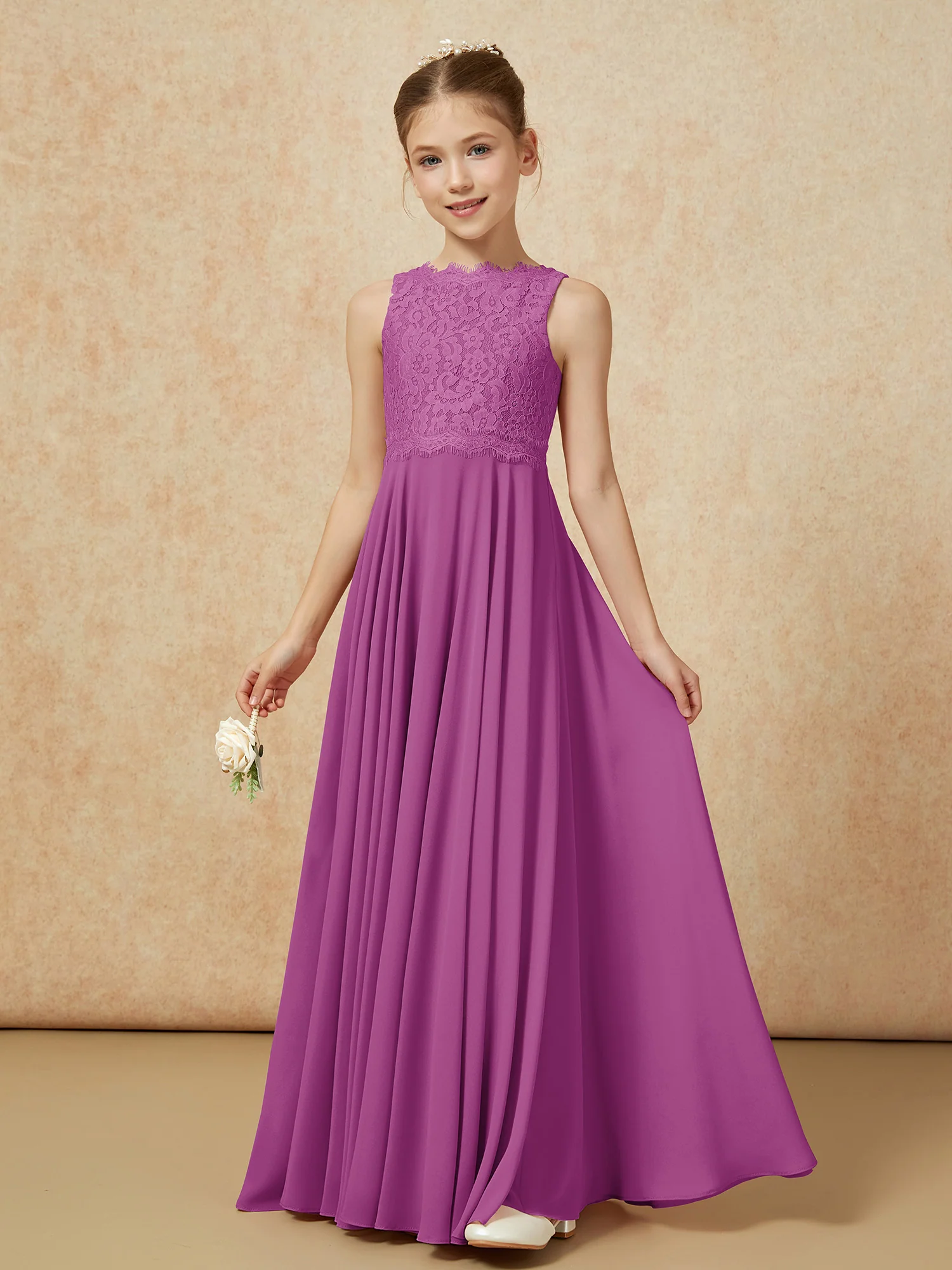 Bateau A-line Floor-length Chiffon Junior Bridesmaid Dress Orchid - Image 3