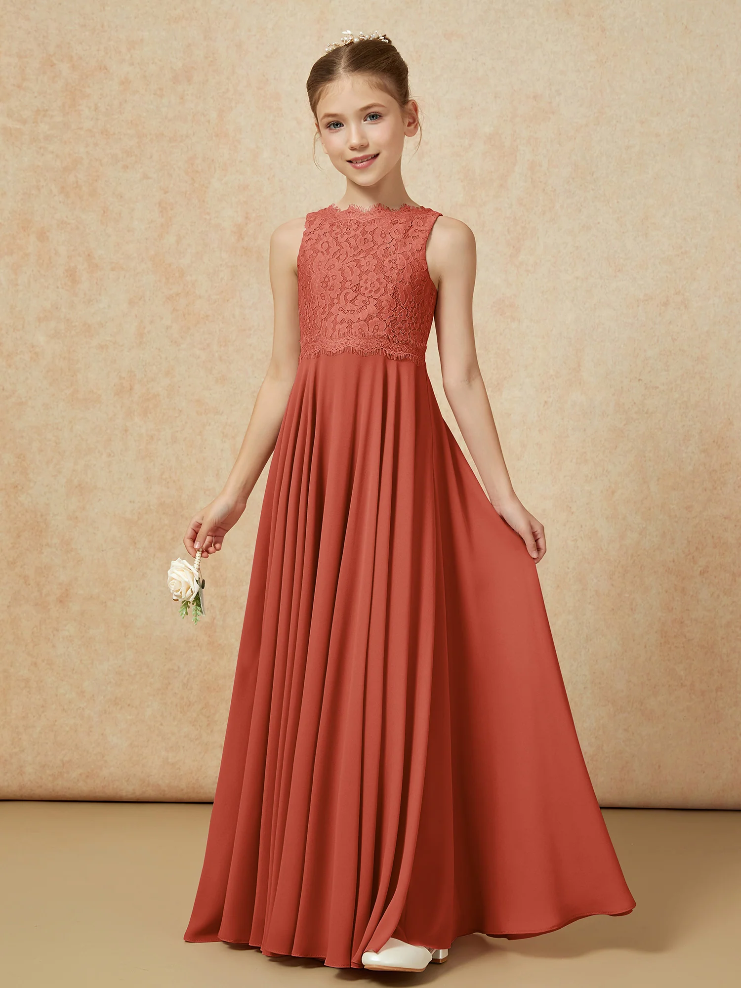 Bateau A-line Floor-length Chiffon Junior Bridesmaid Dress Rust - Image 3