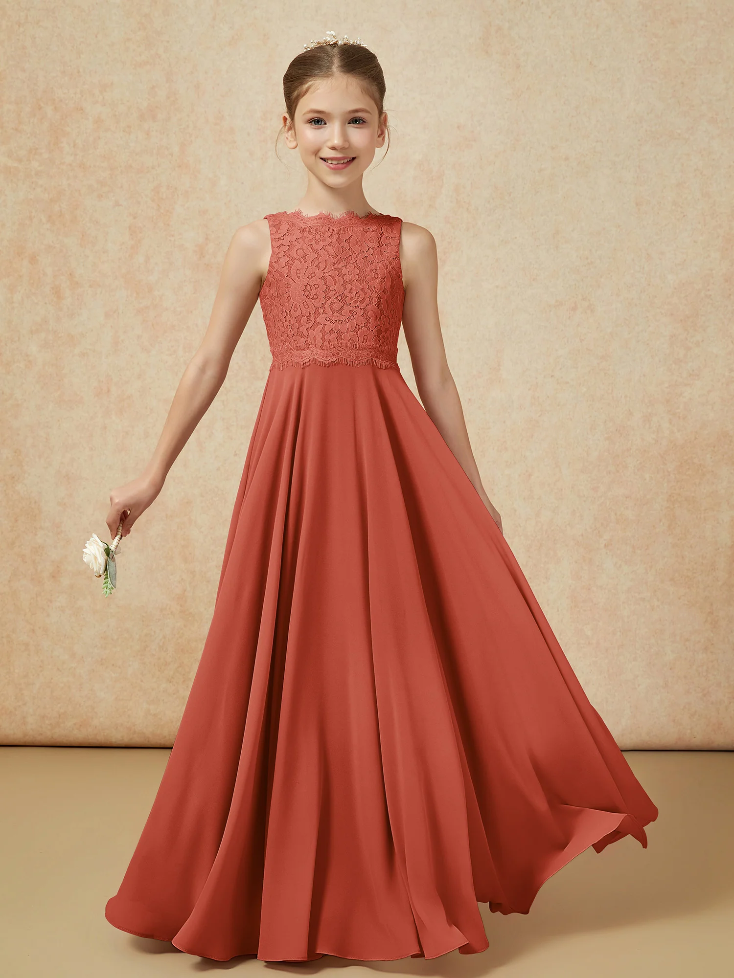 Bateau A-line Floor-length Chiffon Junior Bridesmaid Dress Rust - Image 5