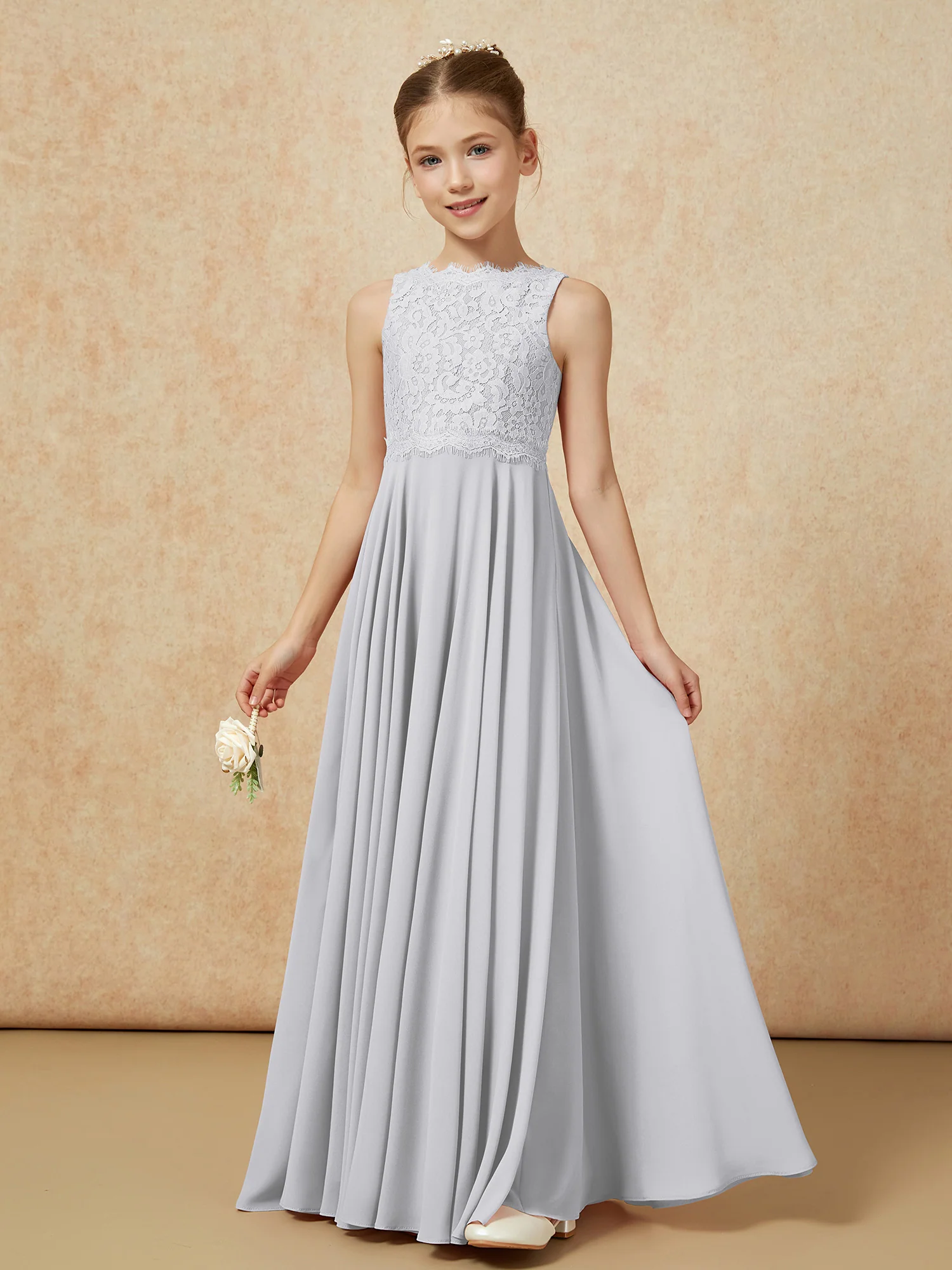 Bateau A-line Floor-length Chiffon Junior Bridesmaid Dress Silver - Image 3