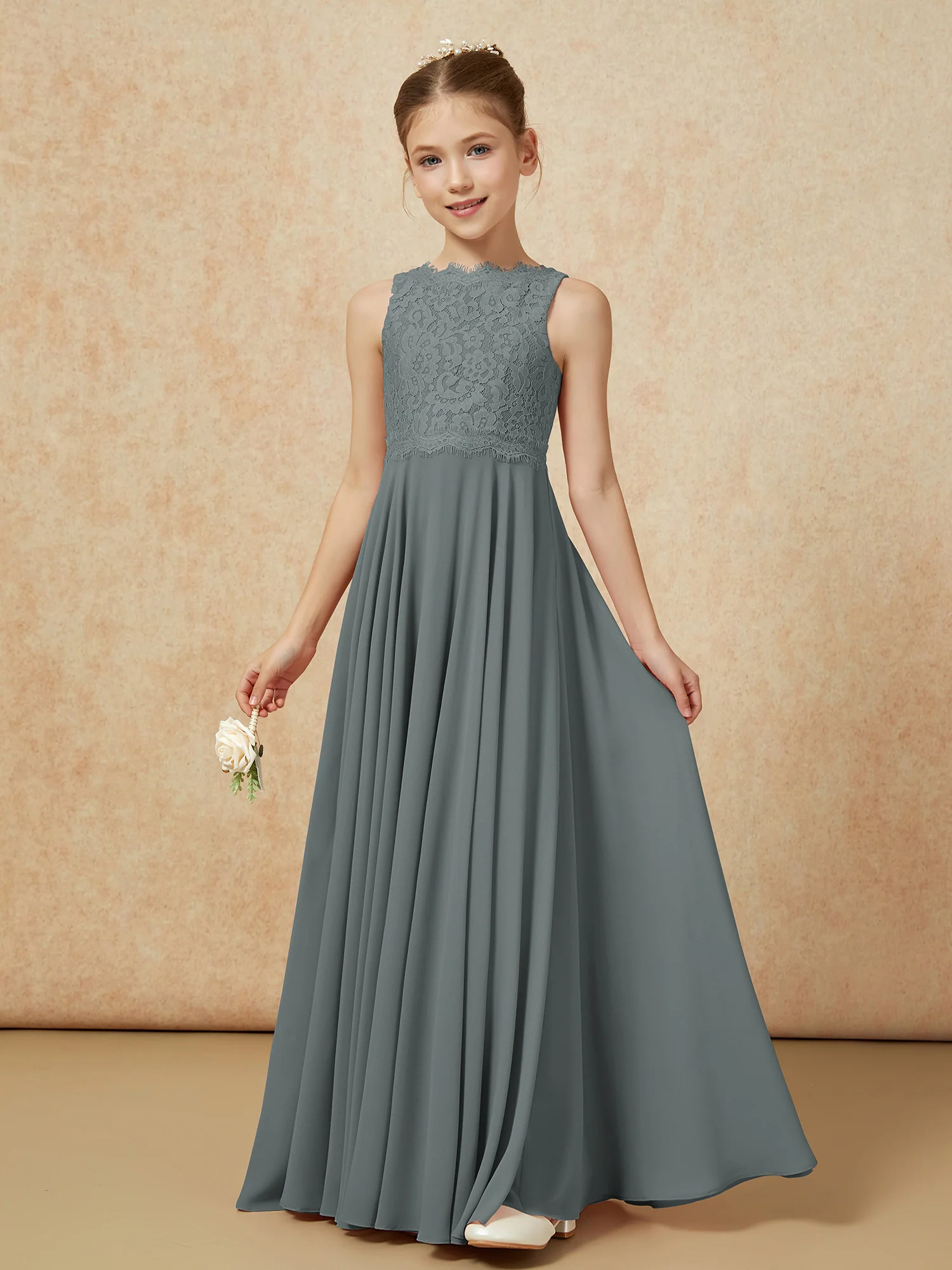 Bateau A-line Floor-length Chiffon Junior Bridesmaid Dress Steel Grey - Image 3