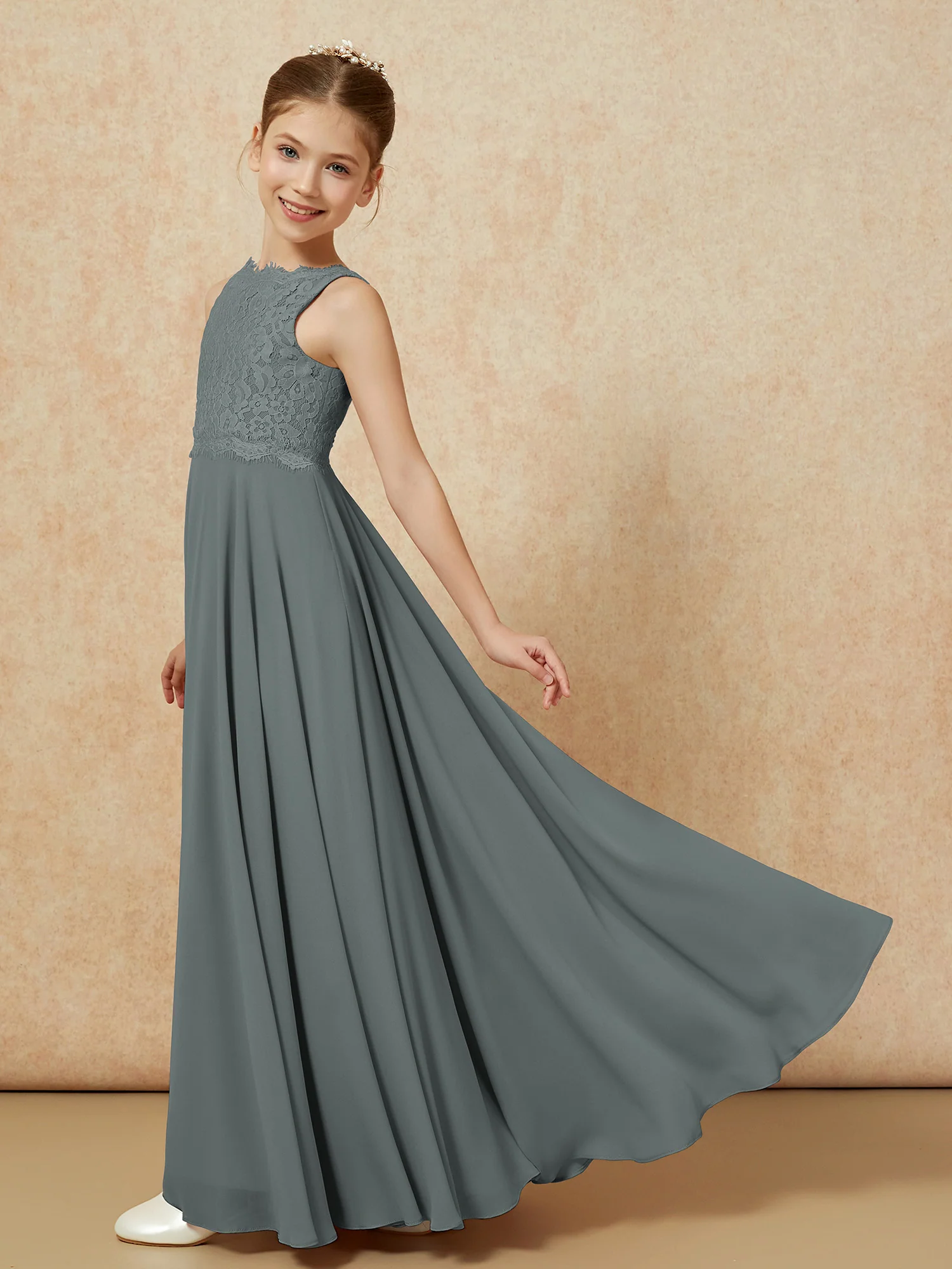 Bateau A-line Floor-length Chiffon Junior Bridesmaid Dress Steel Grey - Image 4