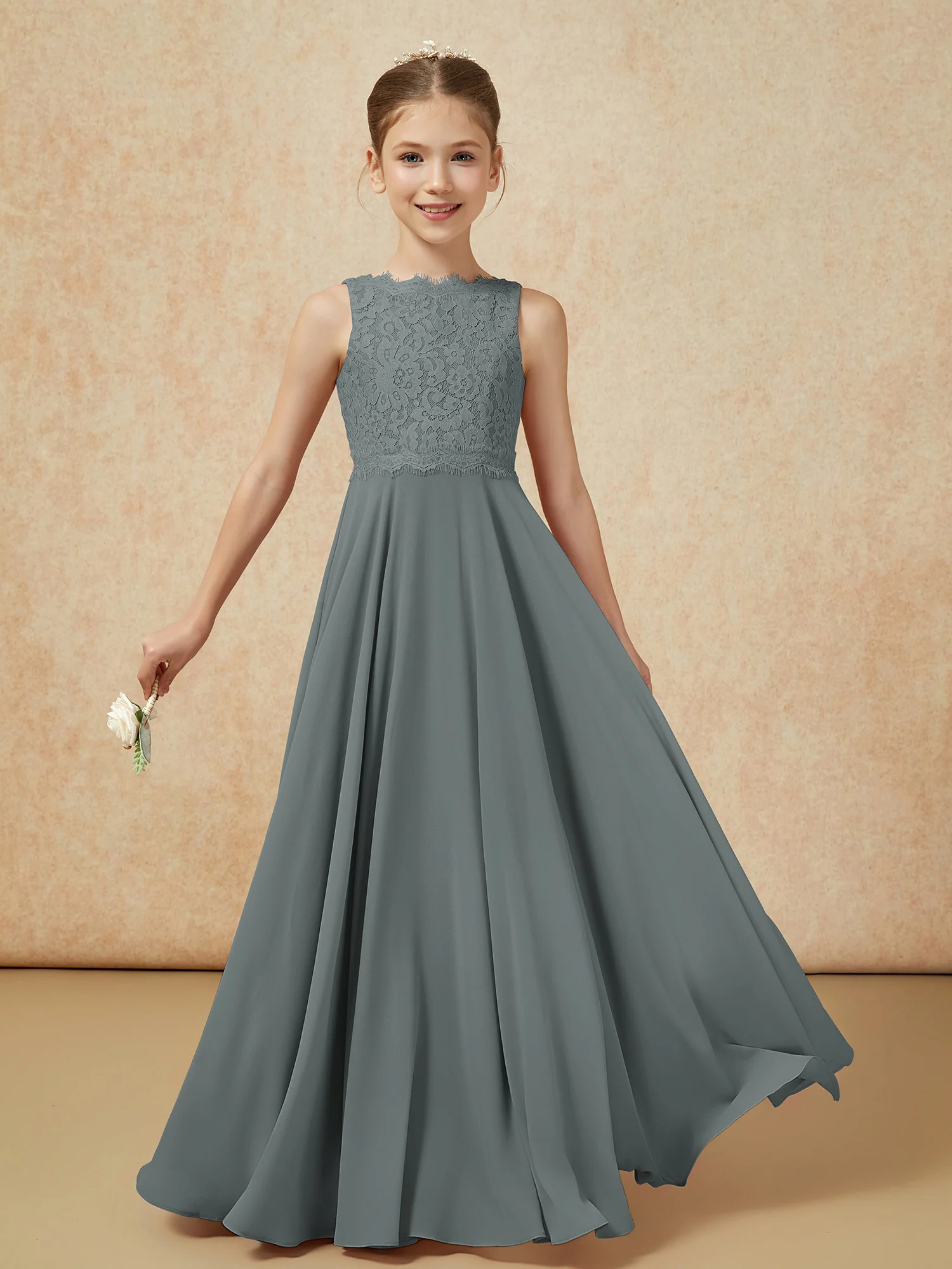 Bateau A-line Floor-length Chiffon Junior Bridesmaid Dress Steel Grey - Image 5