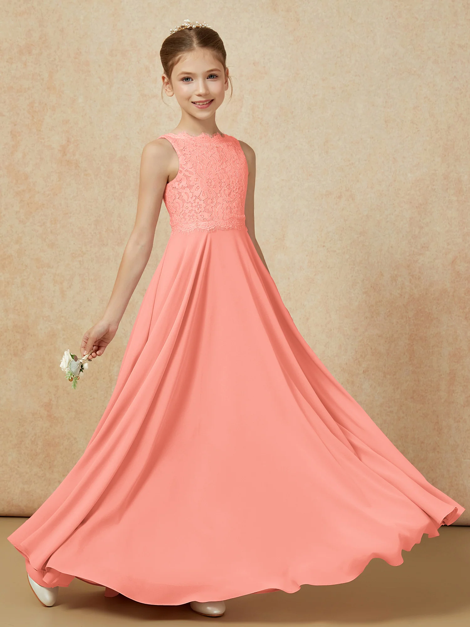 Bateau A-line Floor-length Chiffon Junior Bridesmaid Dress Sunset - Image 6