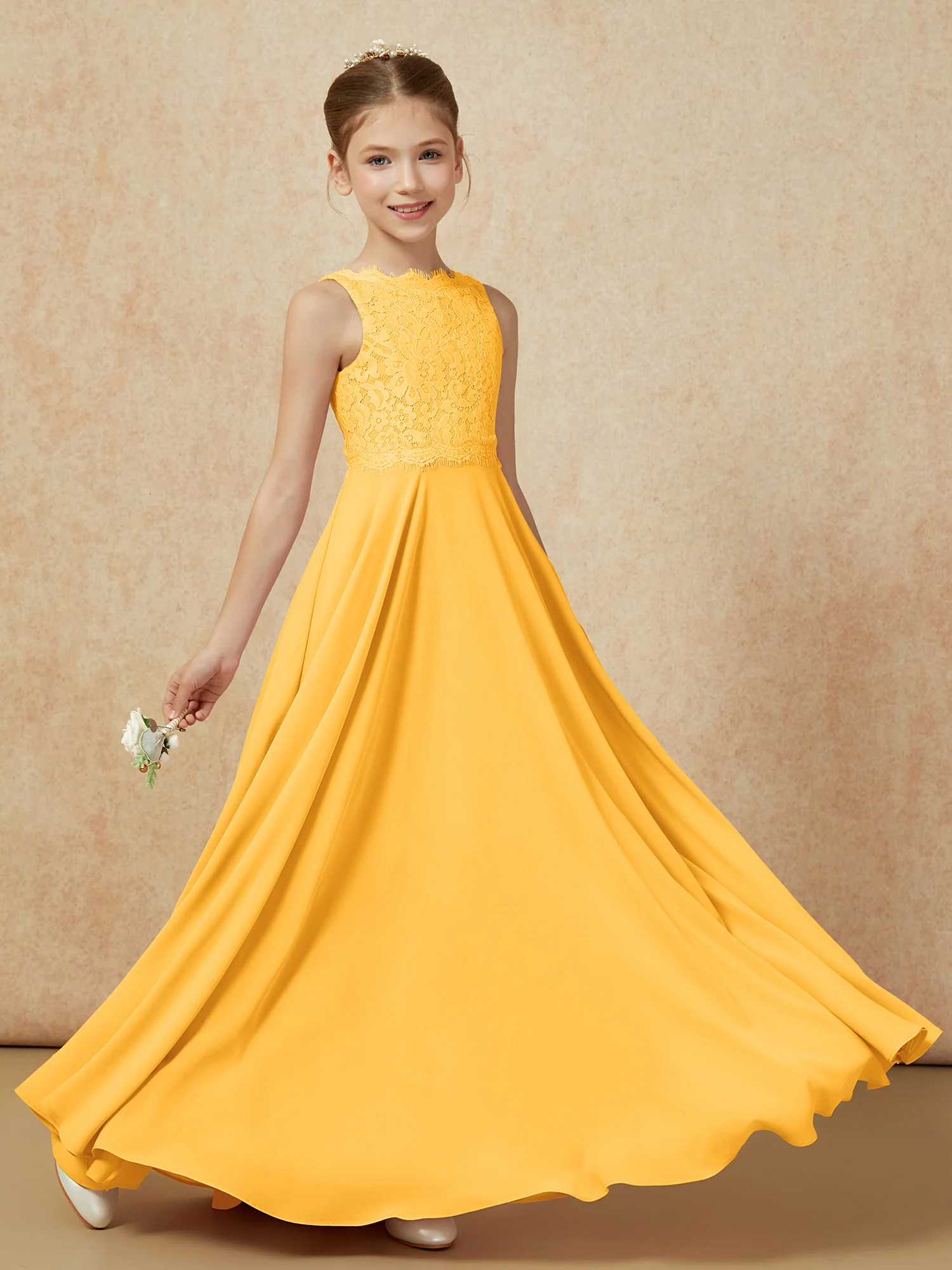 Bateau A-line Floor-length Chiffon Junior Bridesmaid Dress Tangerine - Image 6
