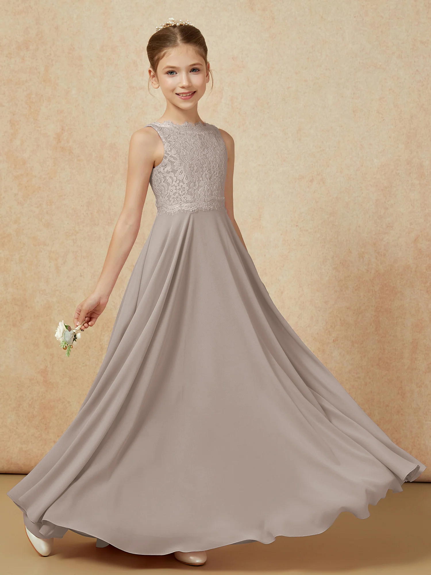 Bateau A-line Floor-length Chiffon Junior Bridesmaid Dress Taupe - Image 6