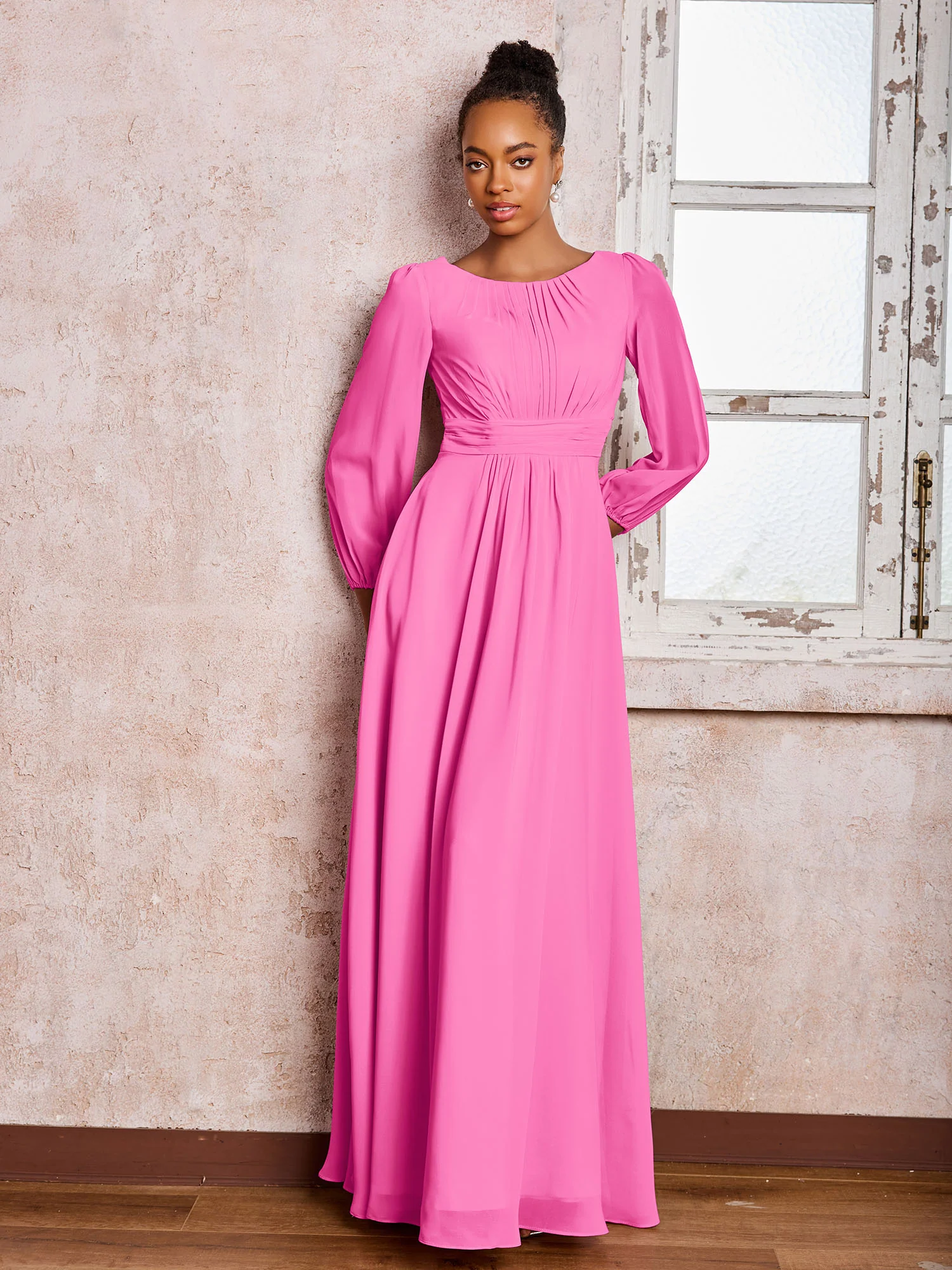 Bateau Neck Long Sleeves Ruched A-line Chiffon Dresses Azalea