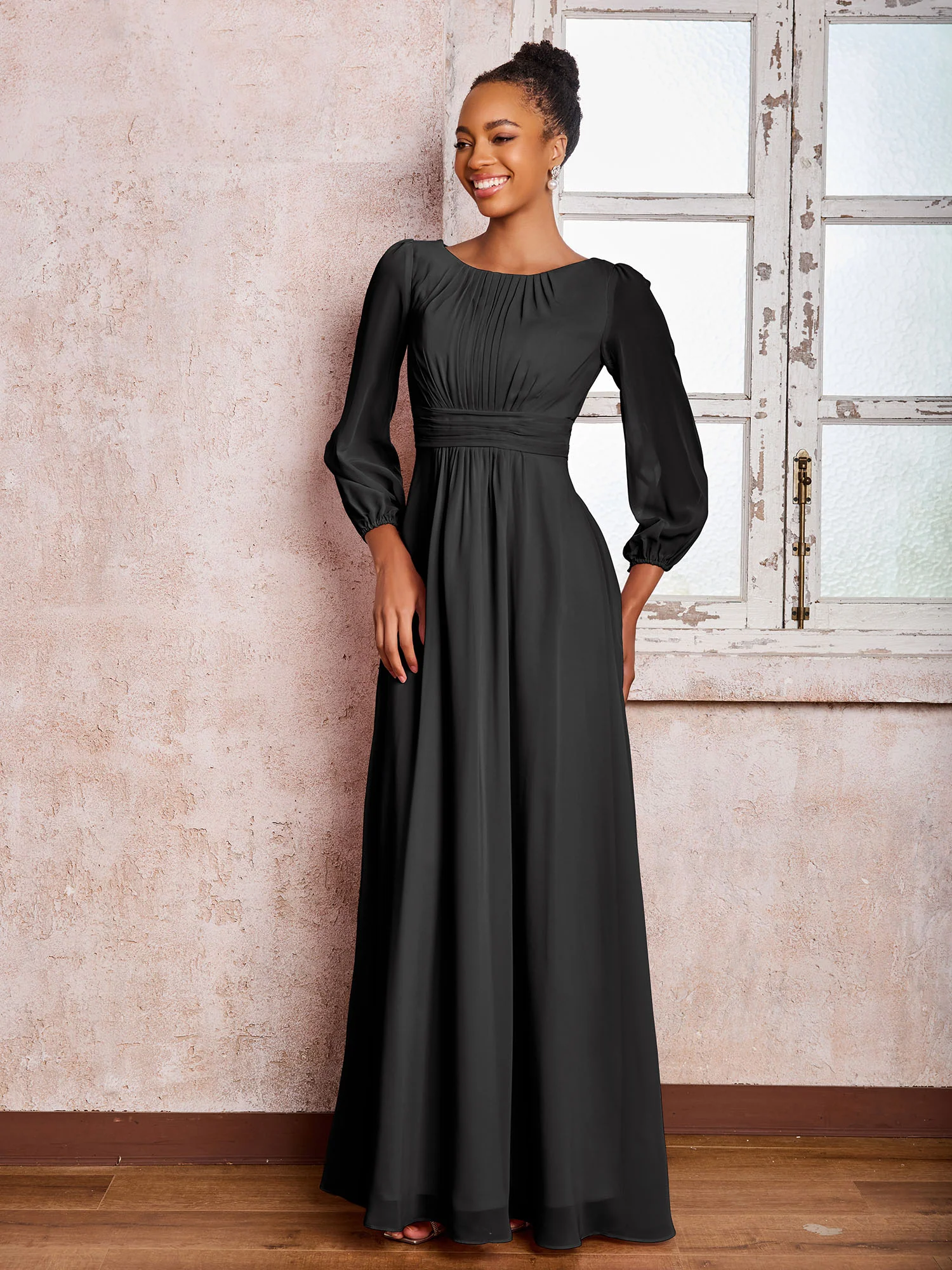 Bateau Neck Long Sleeves Ruched A-line Chiffon Dresses Black - Image 3