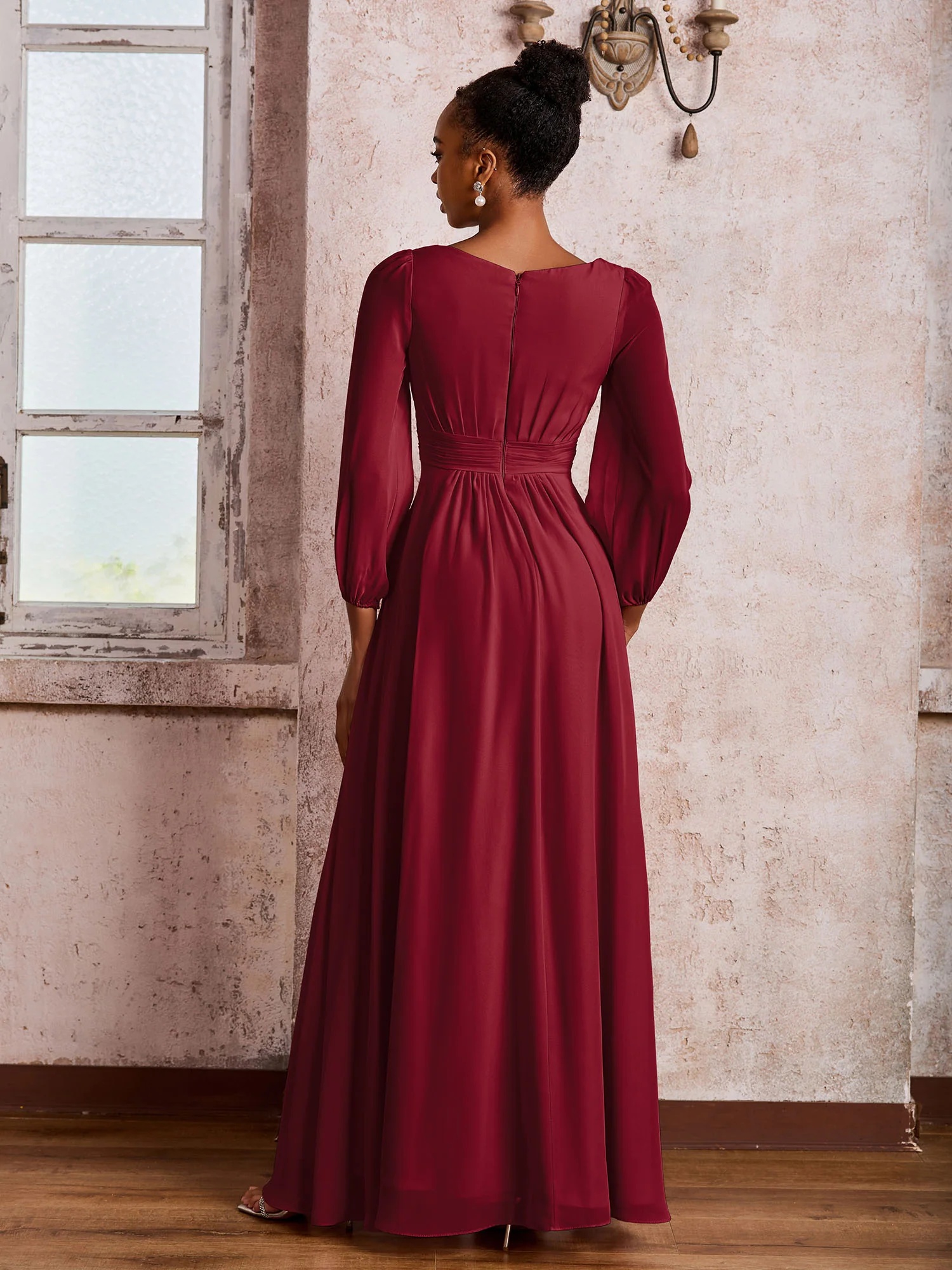 Bateau Neck Long Sleeves Ruched A-line Chiffon Dresses Burgundy - Image 2