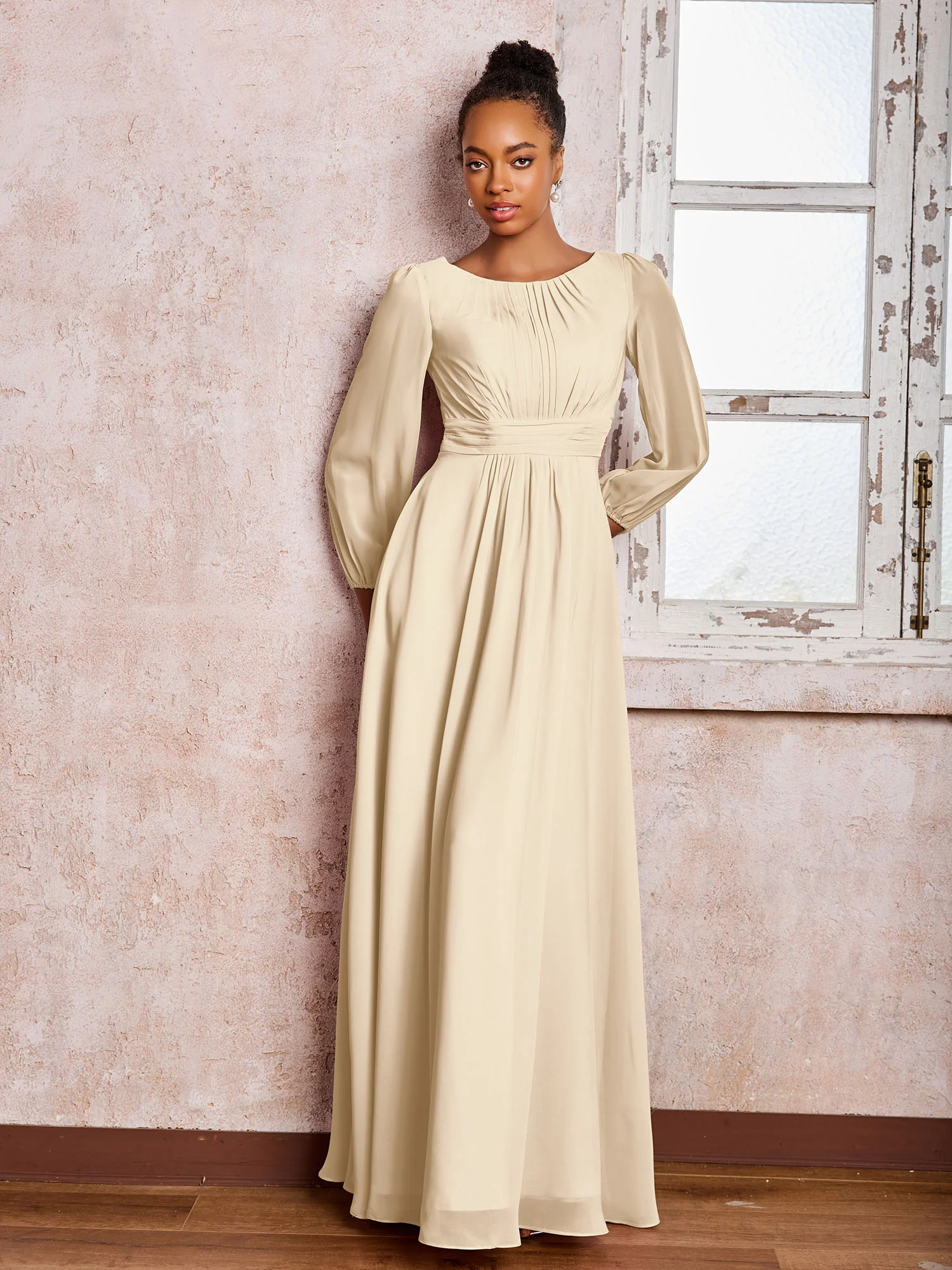 Bateau Neck Long Sleeves Ruched A-line Chiffon Dresses Champagne