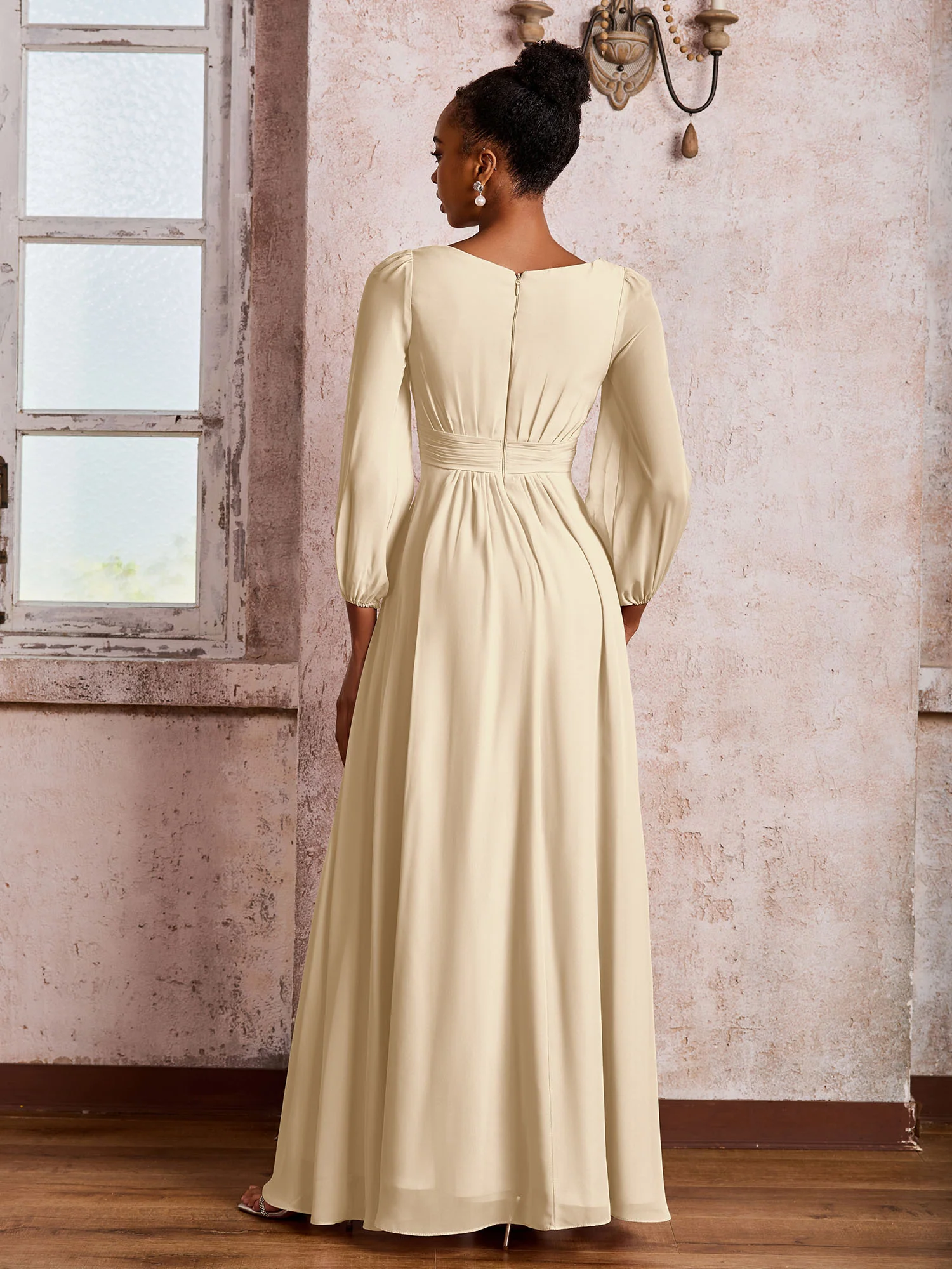 Bateau Neck Long Sleeves Ruched A-line Chiffon Dresses Champagne - Image 2
