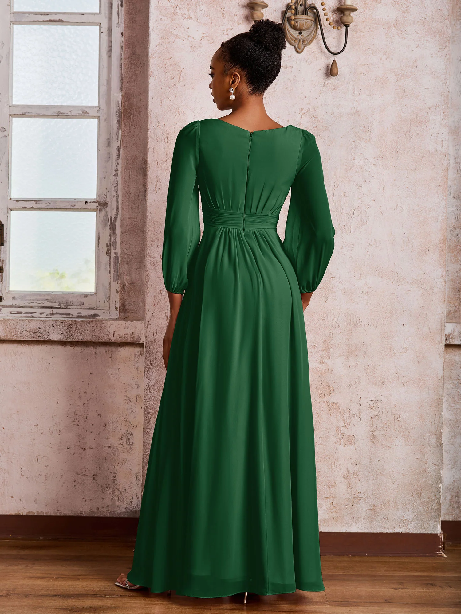 Bateau Neck Long Sleeves Ruched A-line Chiffon Dresses Dark Green - Image 2