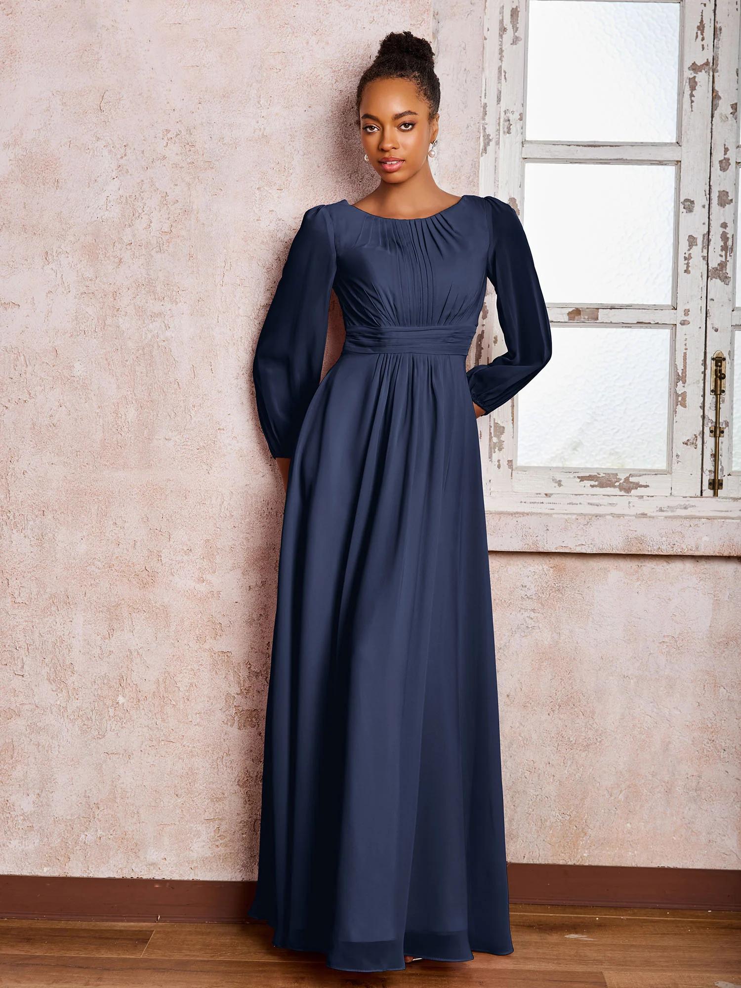 Bateau Neck Long Sleeves Ruched A-line Chiffon Dresses Dark Navy