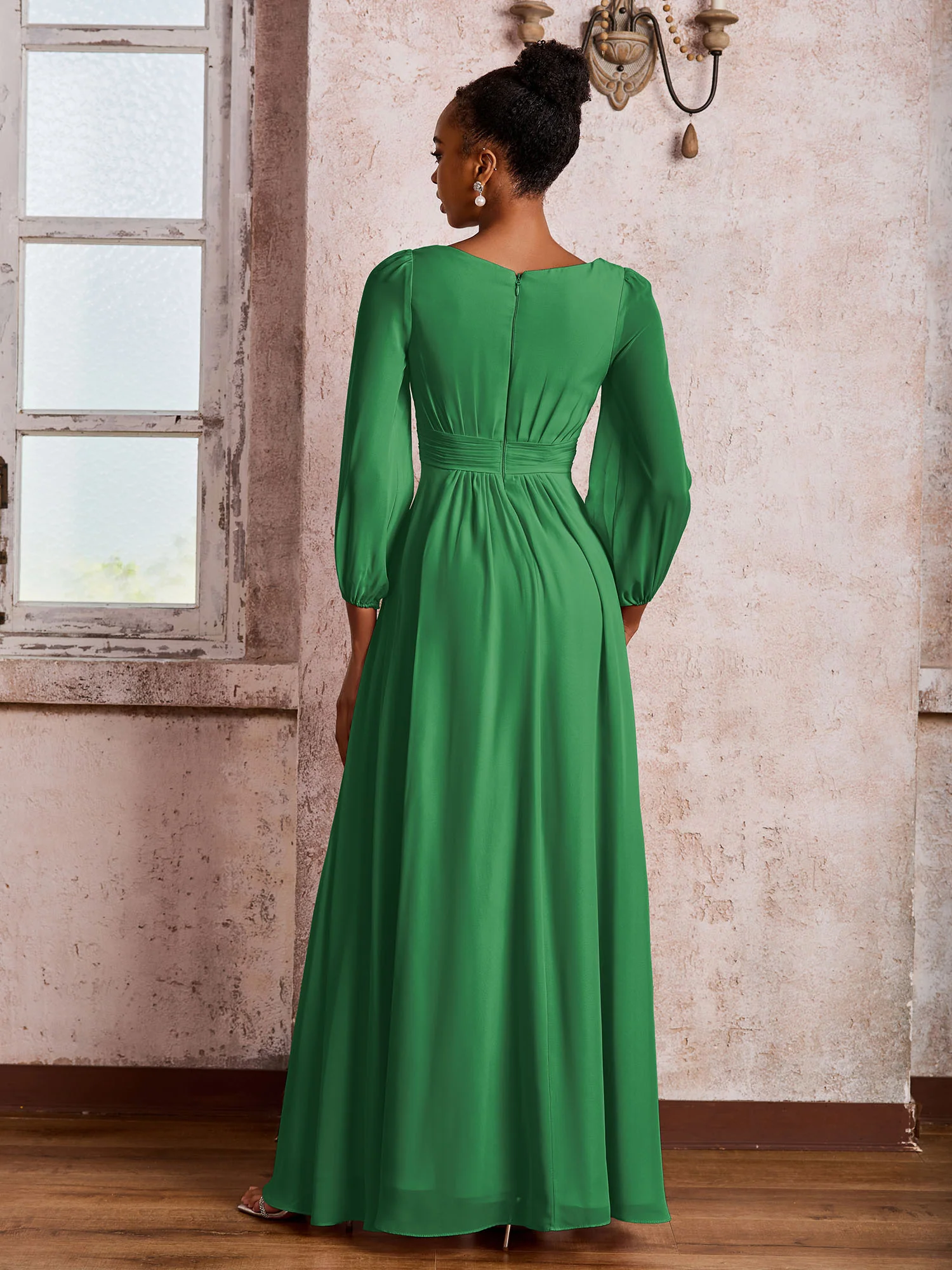 Bateau Neck Long Sleeves Ruched A-line Chiffon Dresses Emerald - Image 2