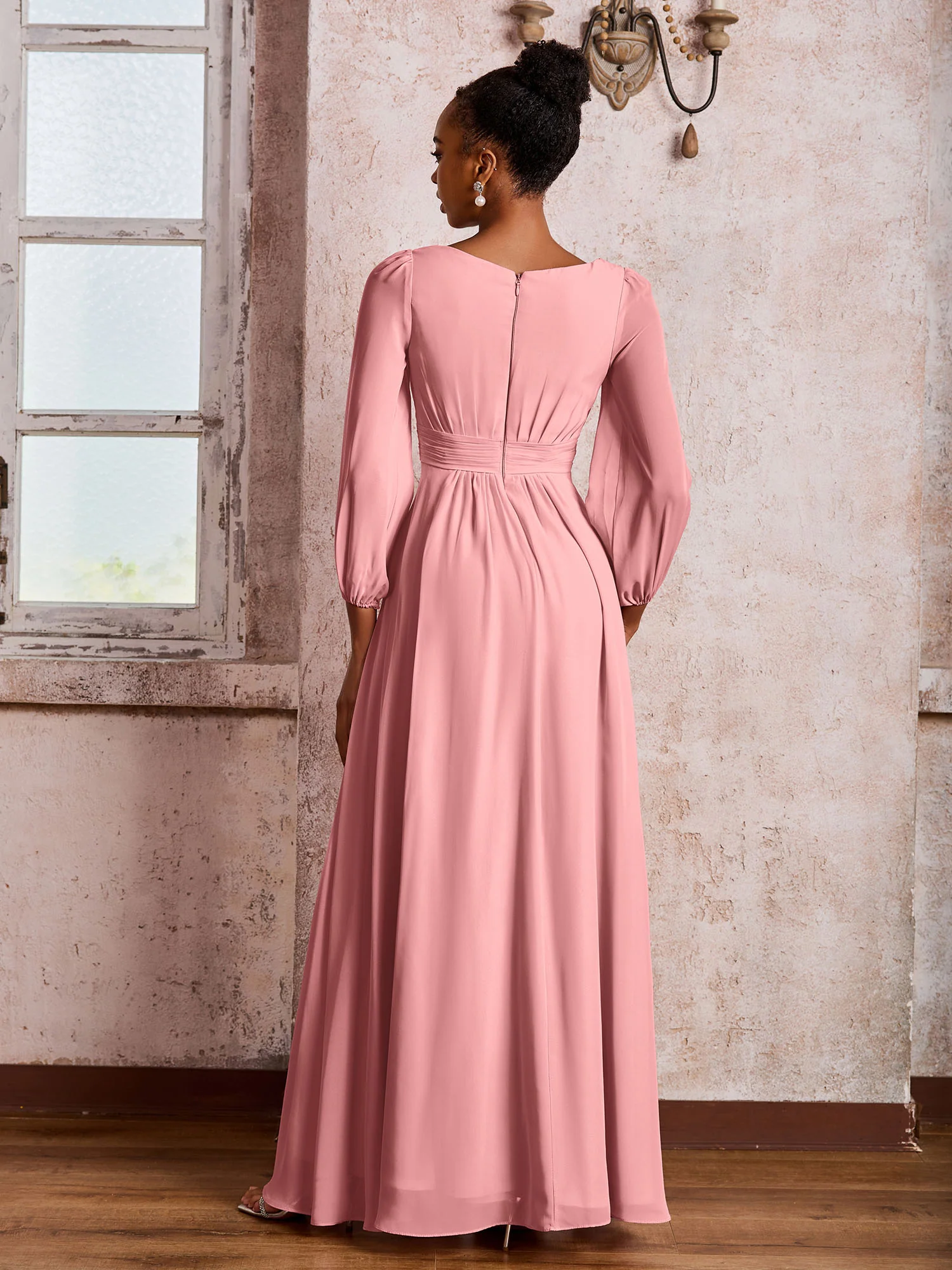 Bateau Neck Long Sleeves Ruched A-line Chiffon Dresses Flamingo - Image 2