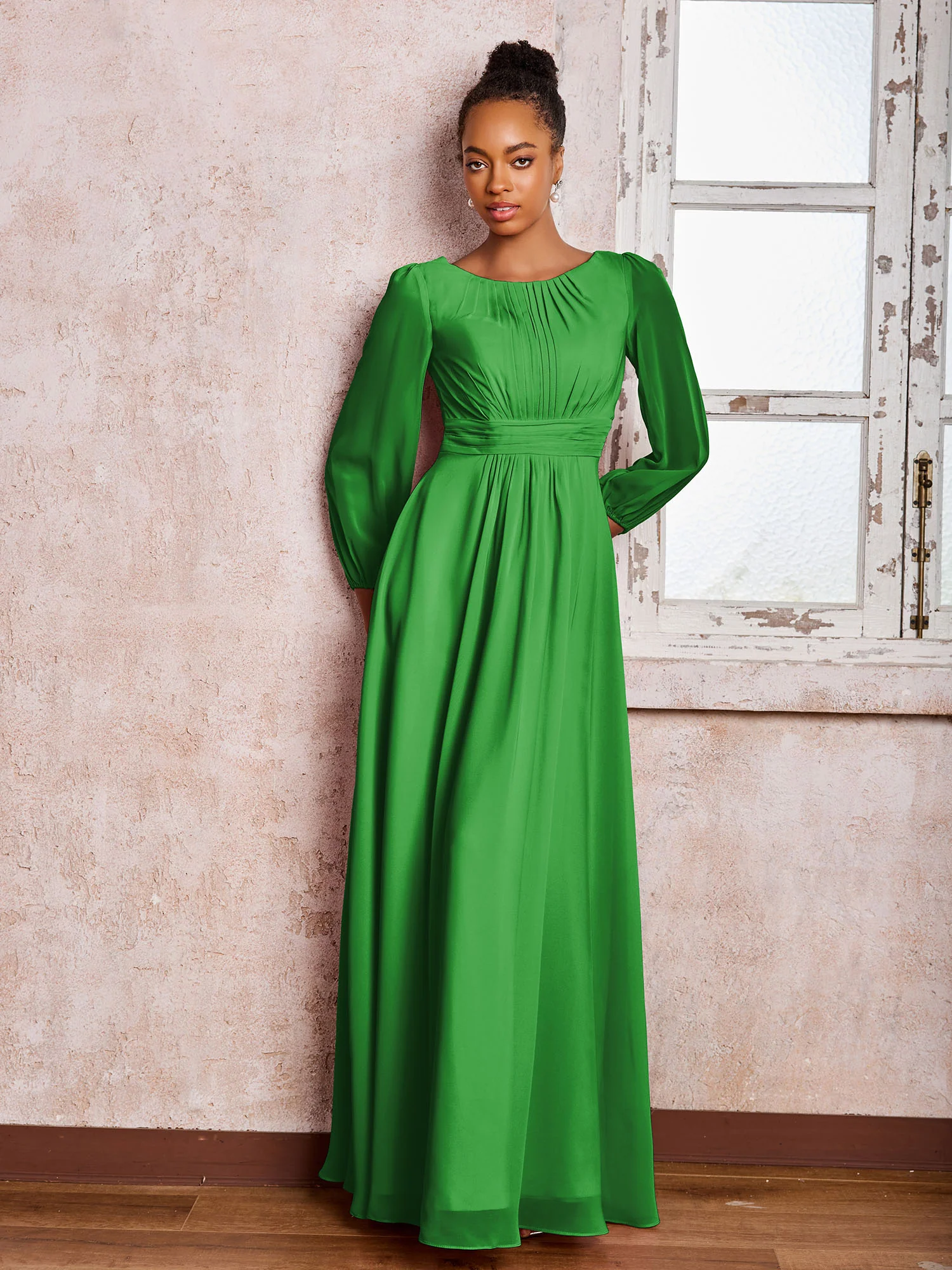 Bateau Neck Long Sleeves Ruched A-line Chiffon Dresses Green