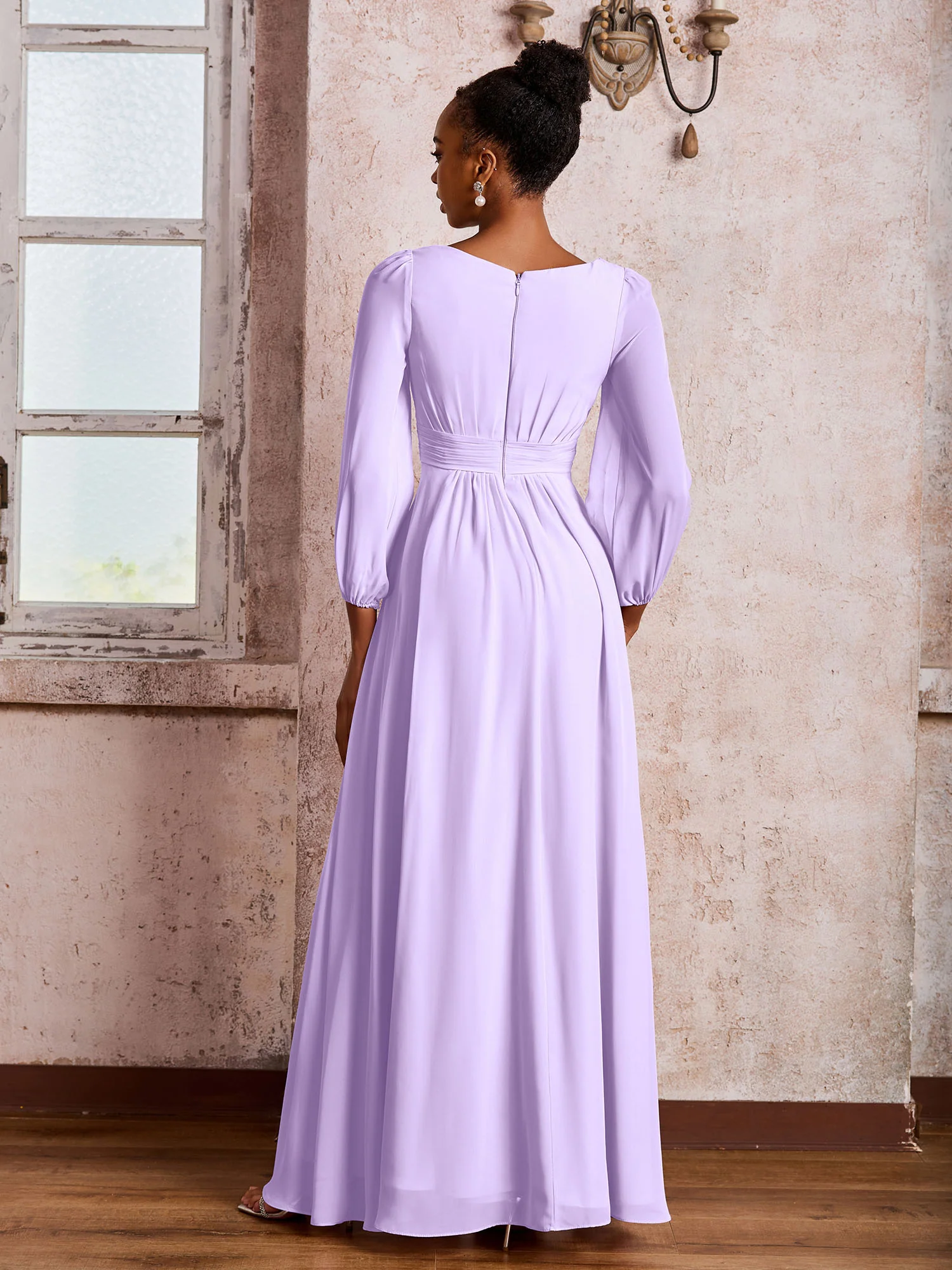 Bateau Neck Long Sleeves Ruched A-line Chiffon Dresses Lilac - Image 2
