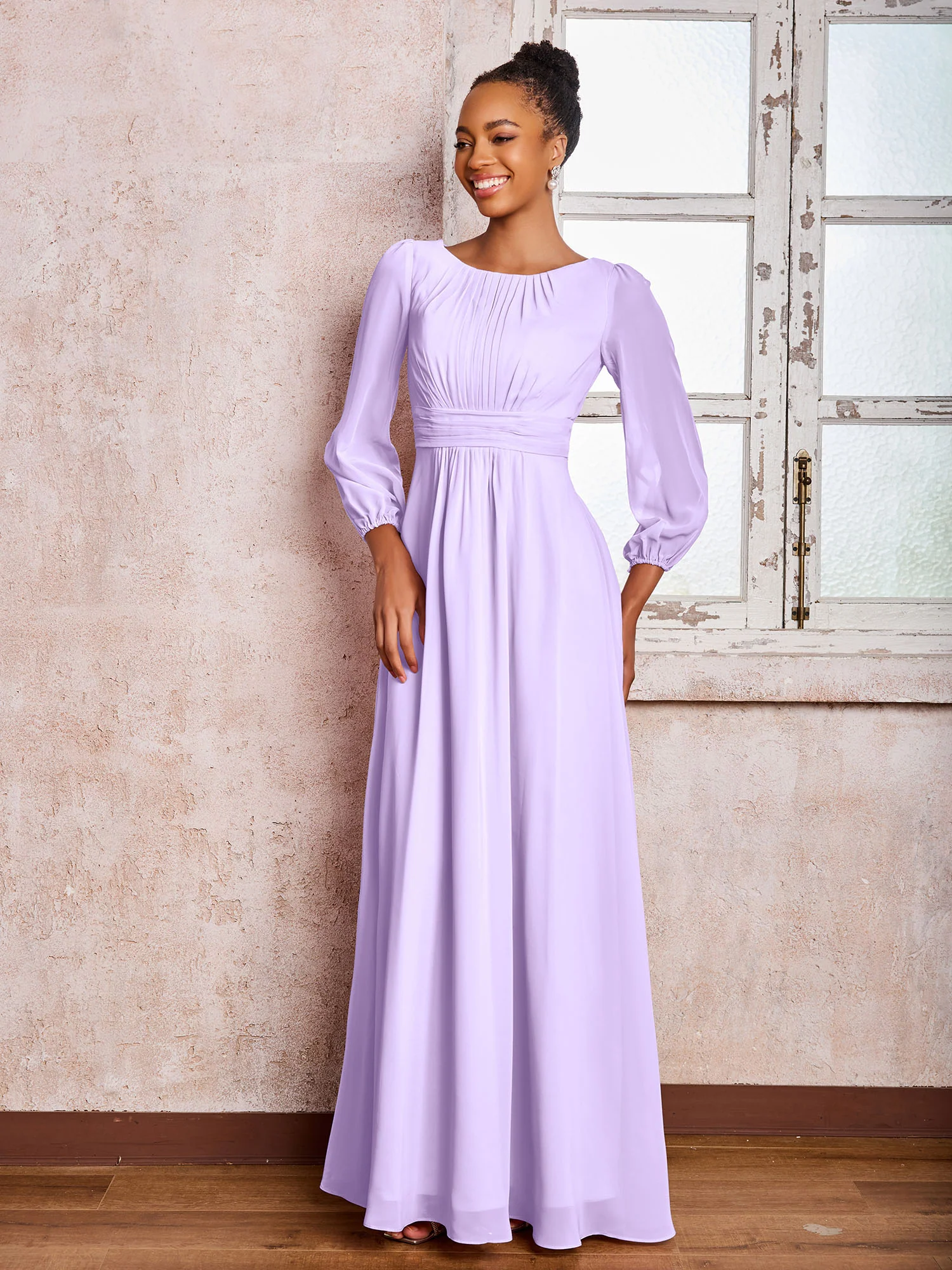 Bateau Neck Long Sleeves Ruched A-line Chiffon Dresses Lilac - Image 3