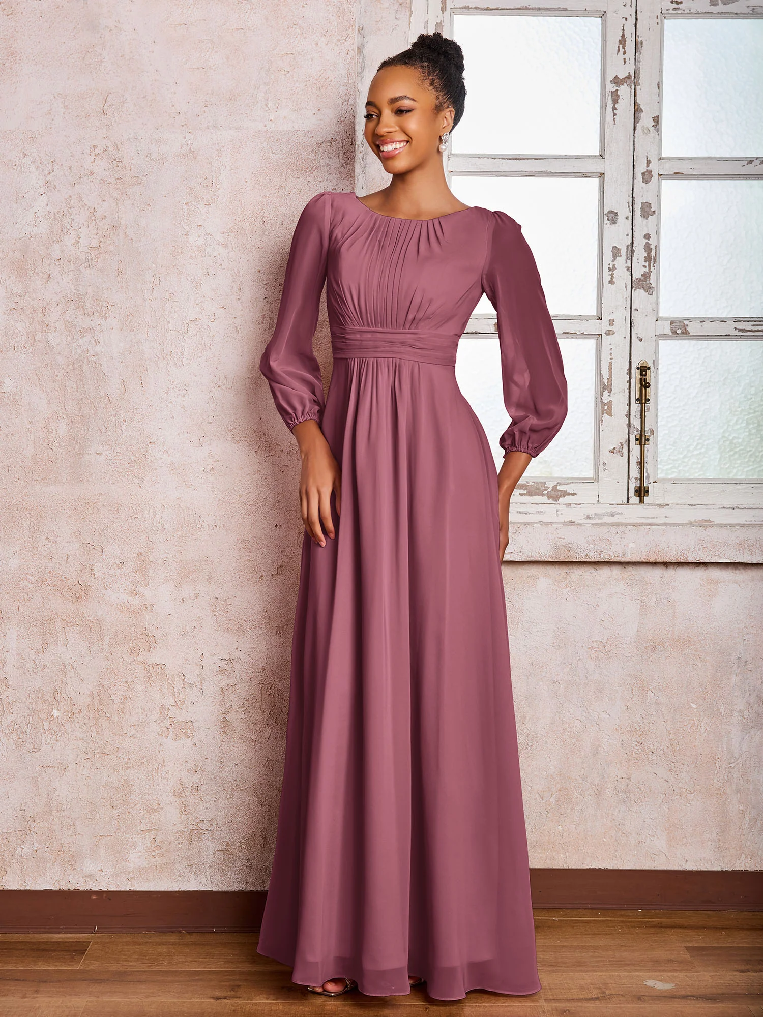 Bateau Neck Long Sleeves Ruched A-line Chiffon Dresses Mulberry - Image 3