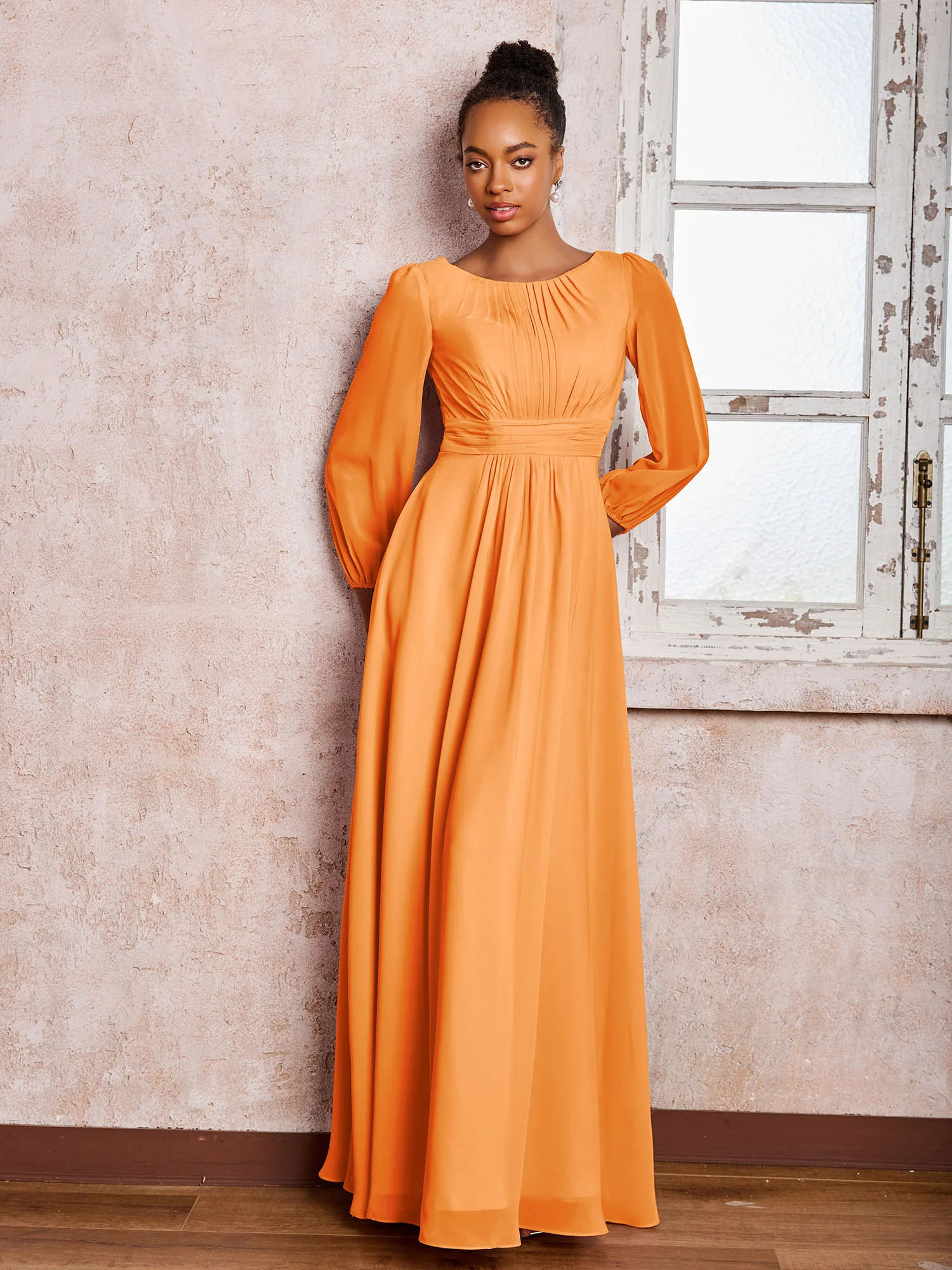 Bateau Neck Long Sleeves Ruched A-line Chiffon Dresses Orange