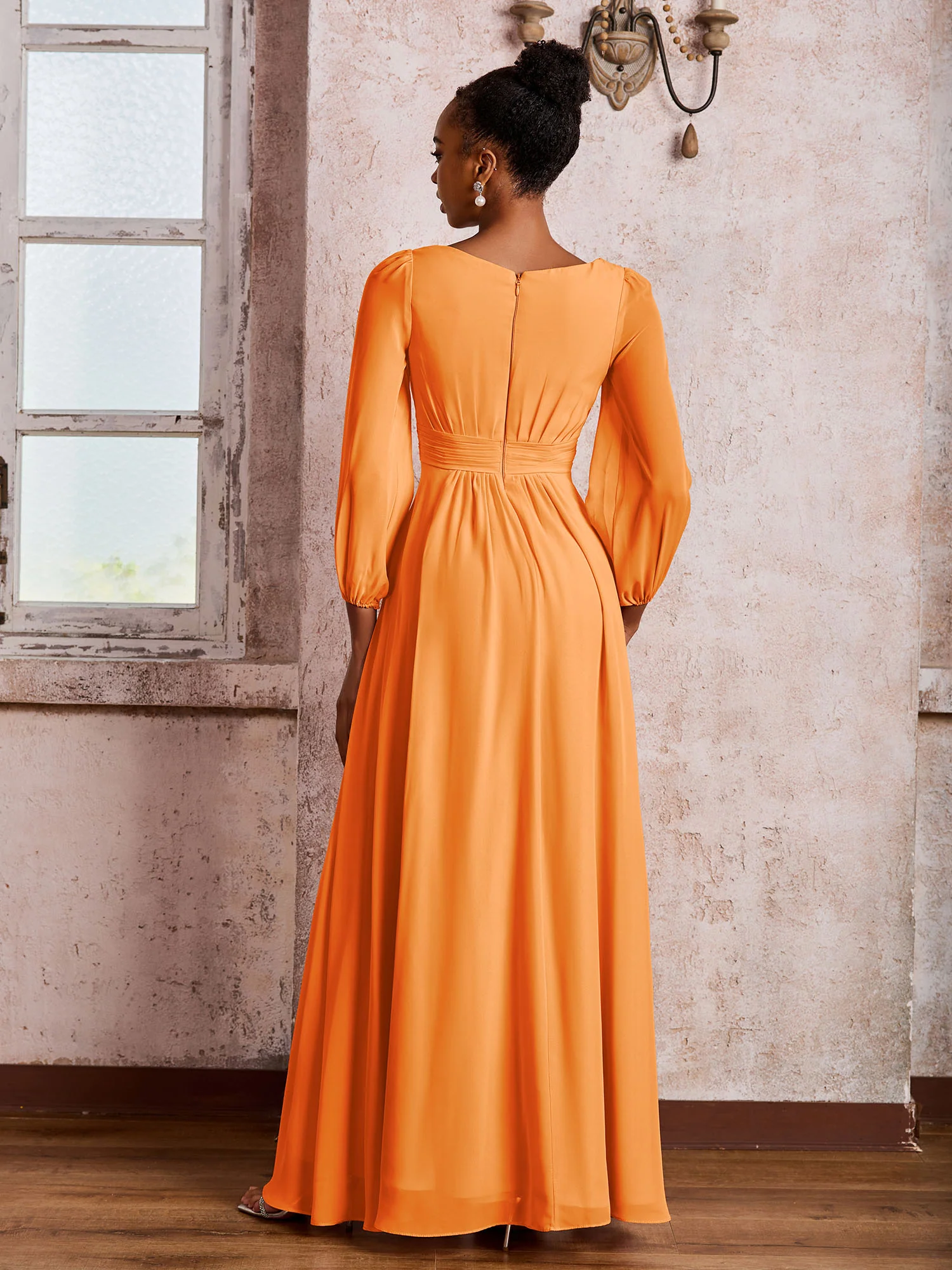 Bateau Neck Long Sleeves Ruched A-line Chiffon Dresses Orange - Image 2