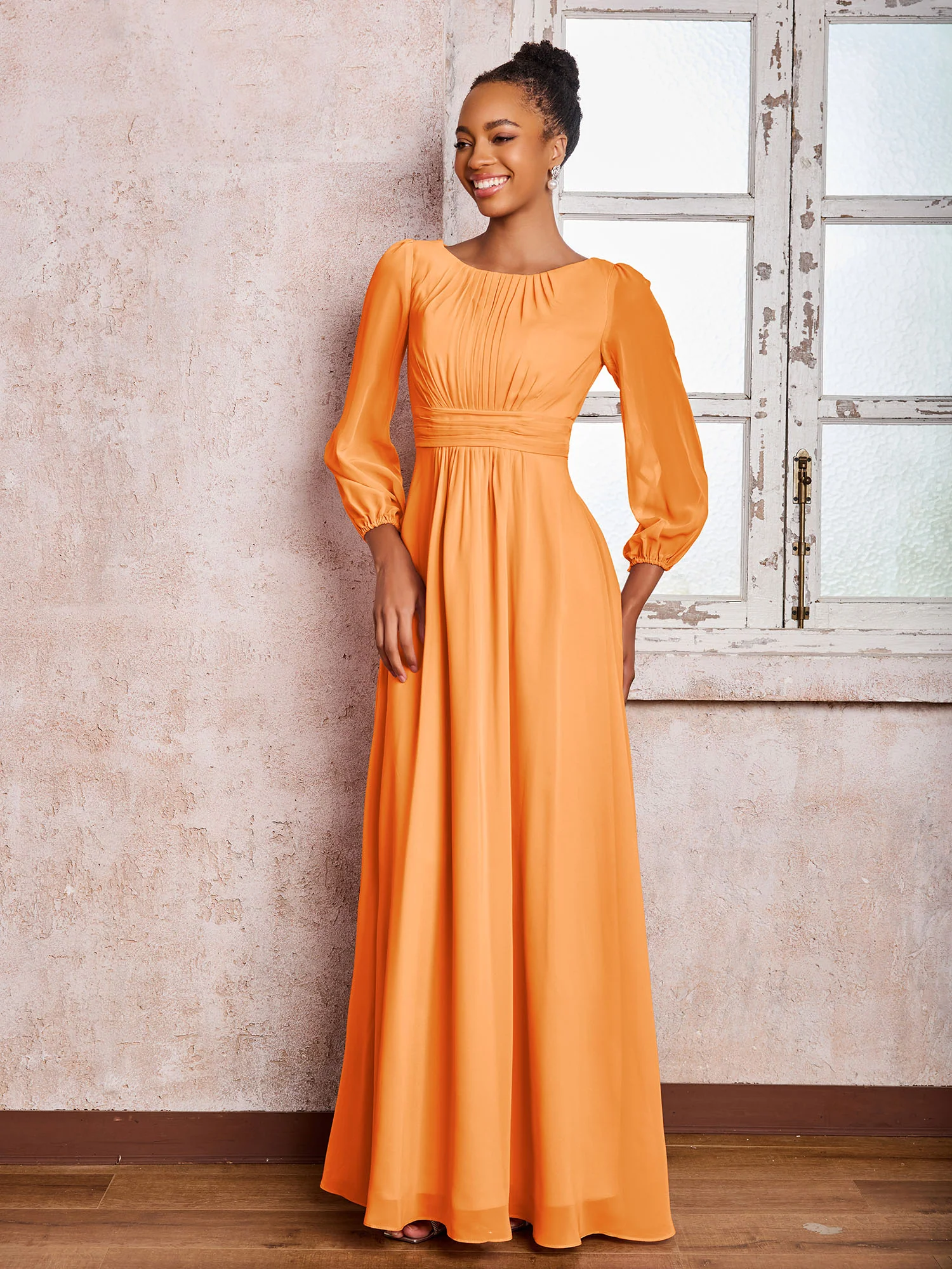 Bateau Neck Long Sleeves Ruched A-line Chiffon Dresses Orange - Image 3