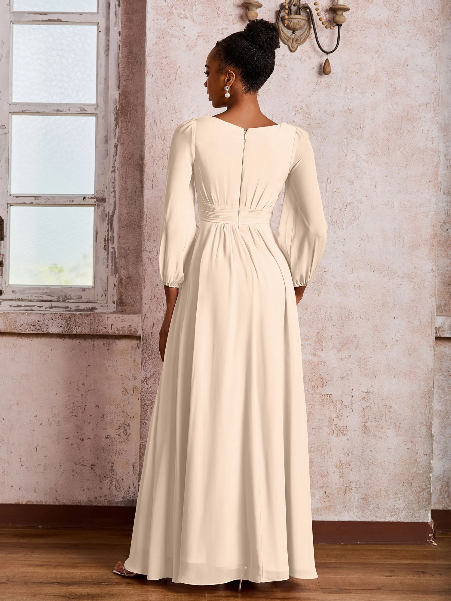 Bateau Neck Long Sleeves Ruched A-line Chiffon Dresses Peach - Image 2