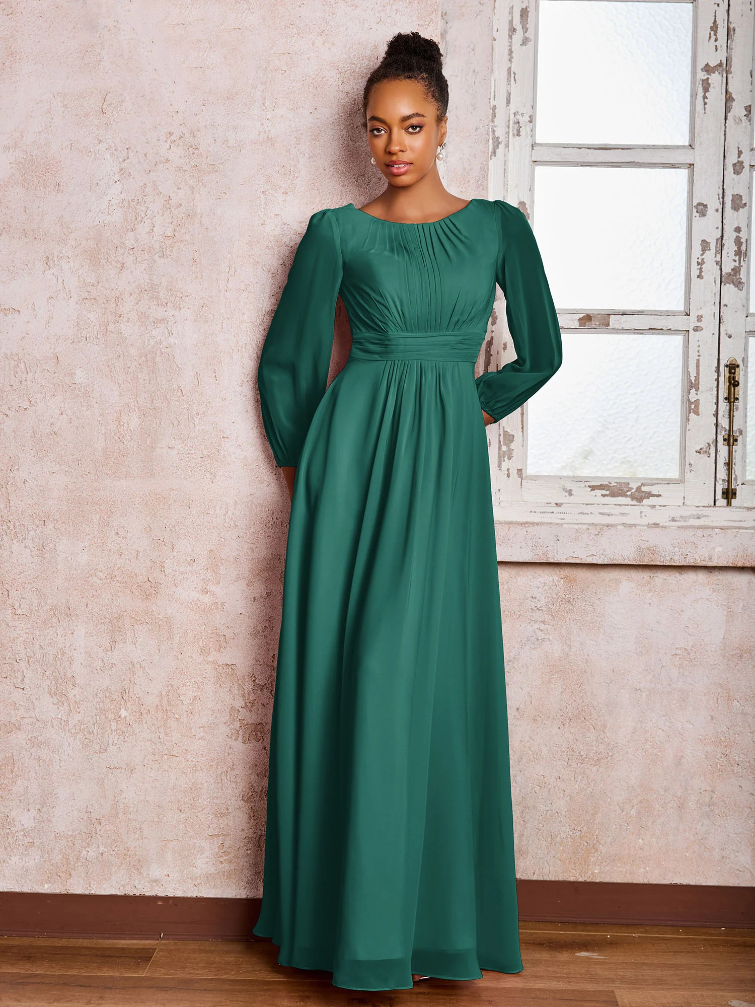 Bateau Neck Long Sleeves Ruched A-line Chiffon Dresses Peacock