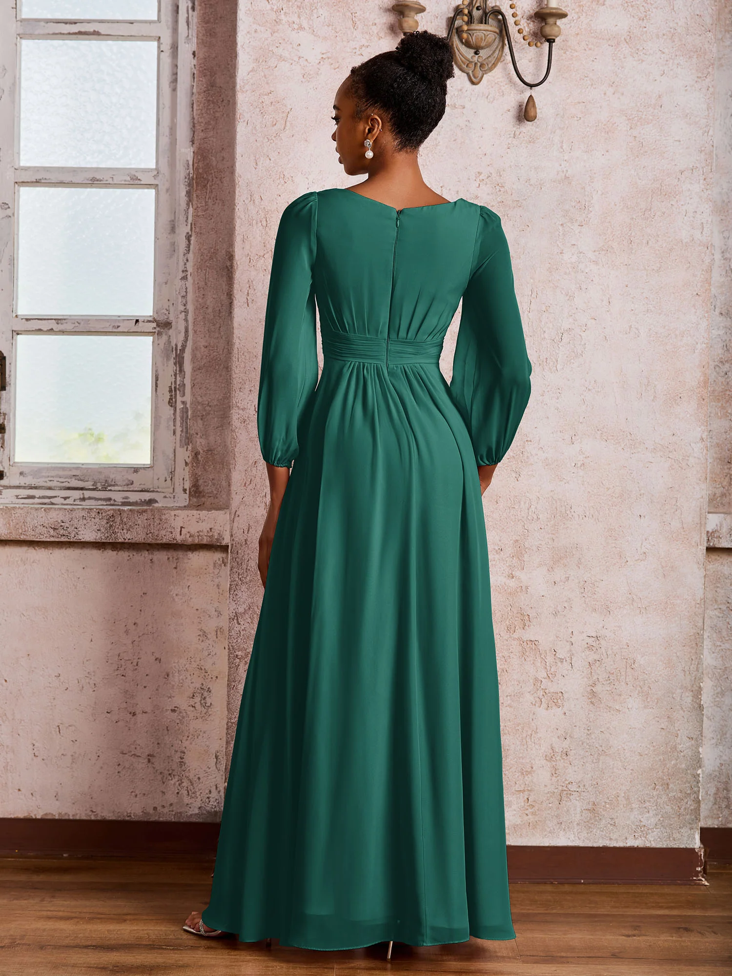 Bateau Neck Long Sleeves Ruched A-line Chiffon Dresses Peacock - Image 2