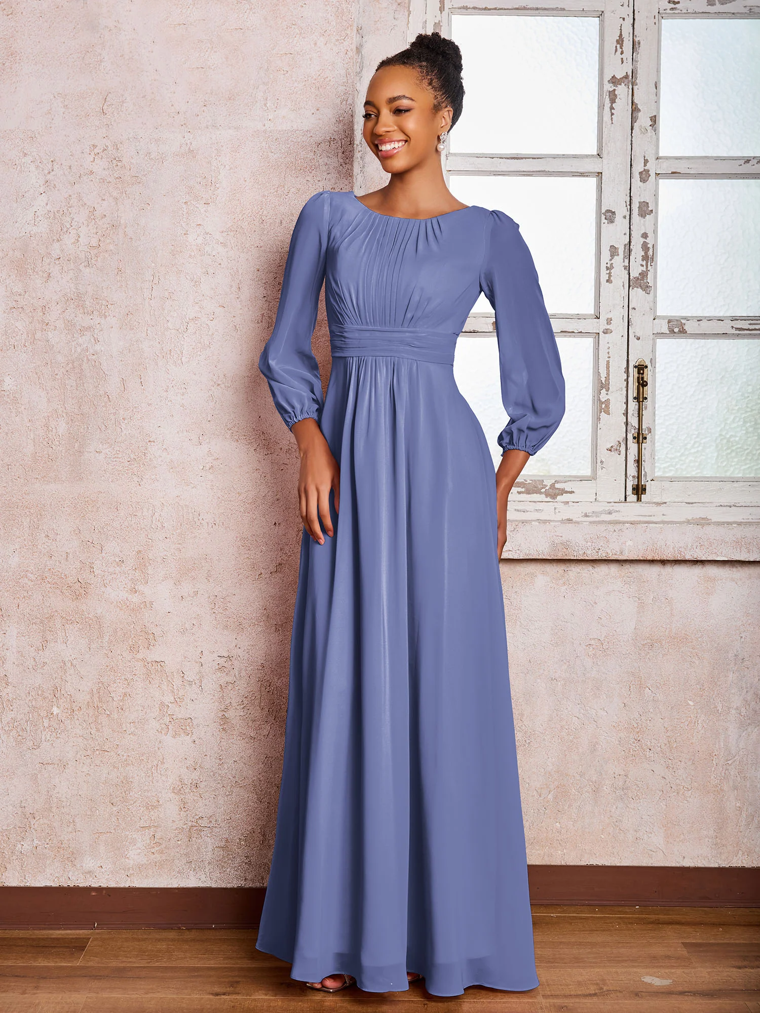 Bateau Neck Long Sleeves Ruched A-line Chiffon Dresses Periwinkle - Image 3
