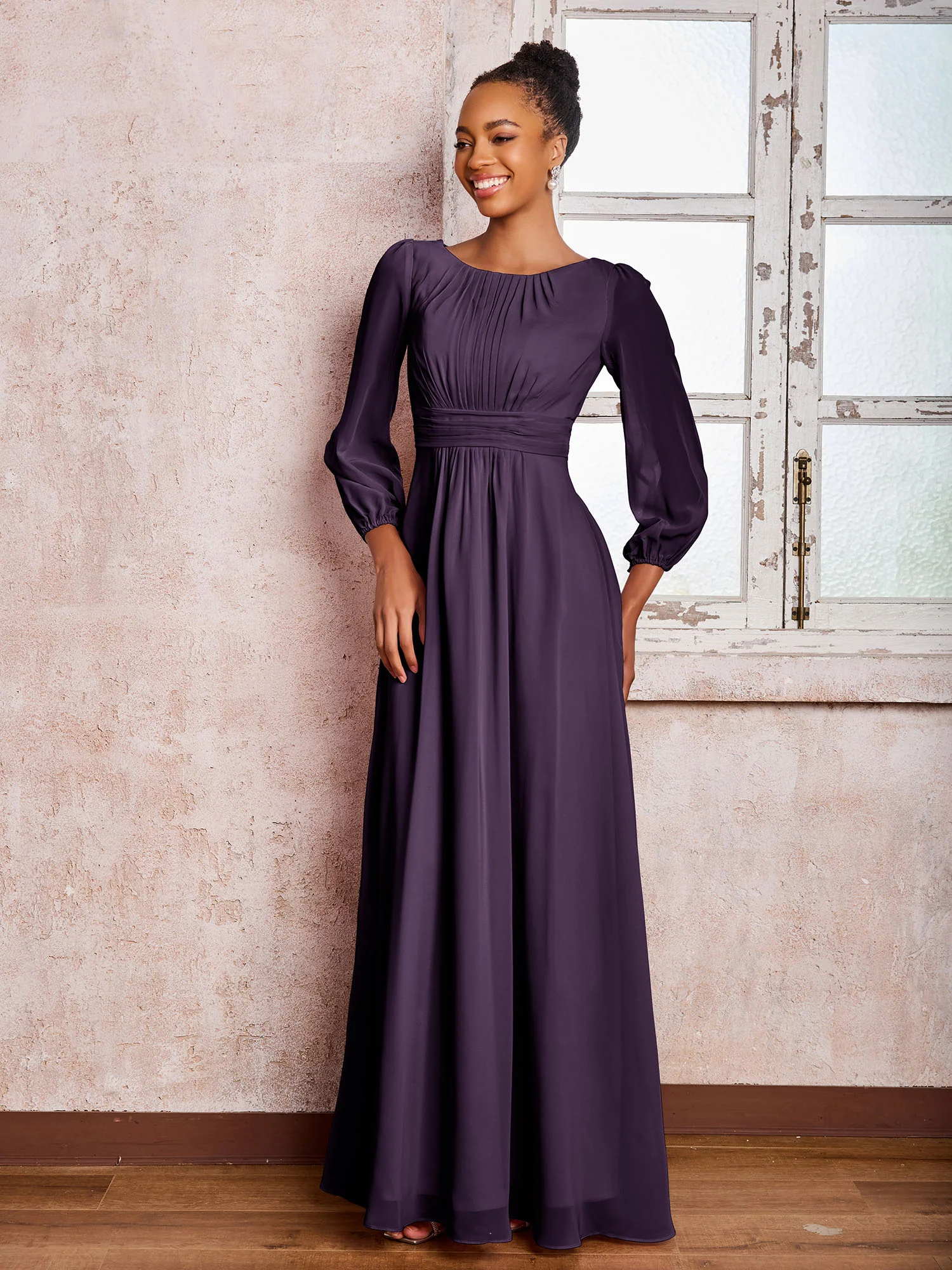 Bateau Neck Long Sleeves Ruched A-line Chiffon Dresses Plum - Image 3