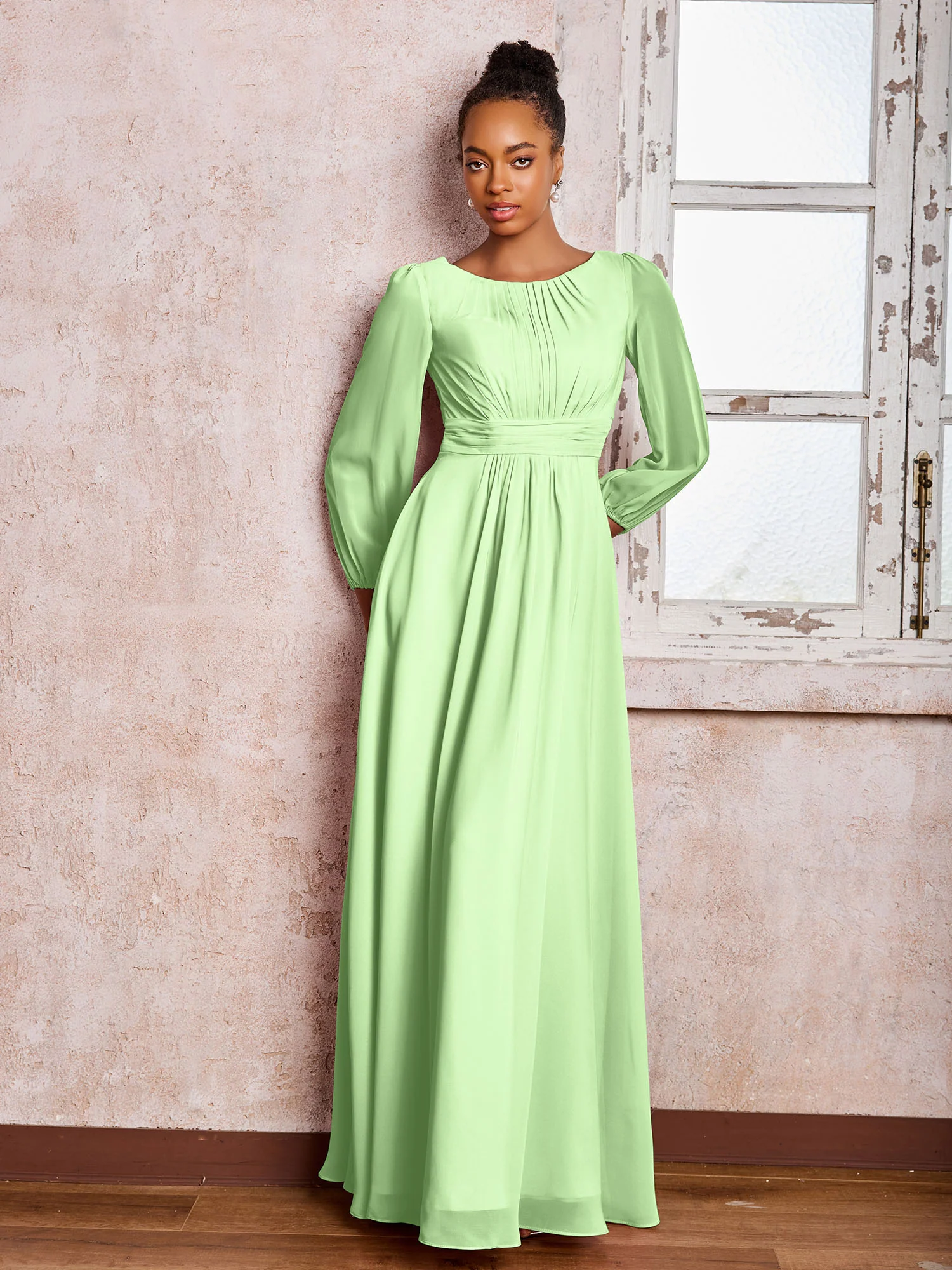 Bateau Neck Long Sleeves Ruched A-line Chiffon Dresses Sage