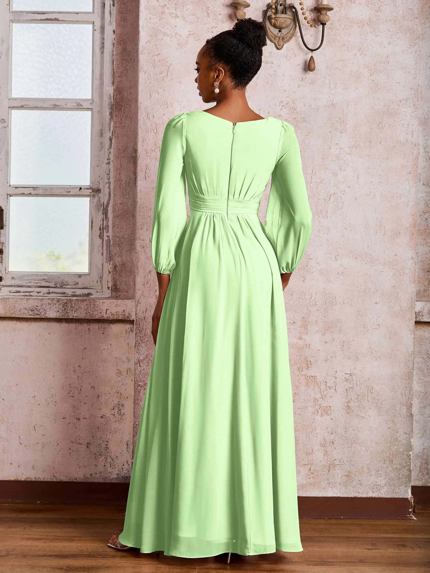 Bateau Neck Long Sleeves Ruched A-line Chiffon Dresses Sage - Image 2