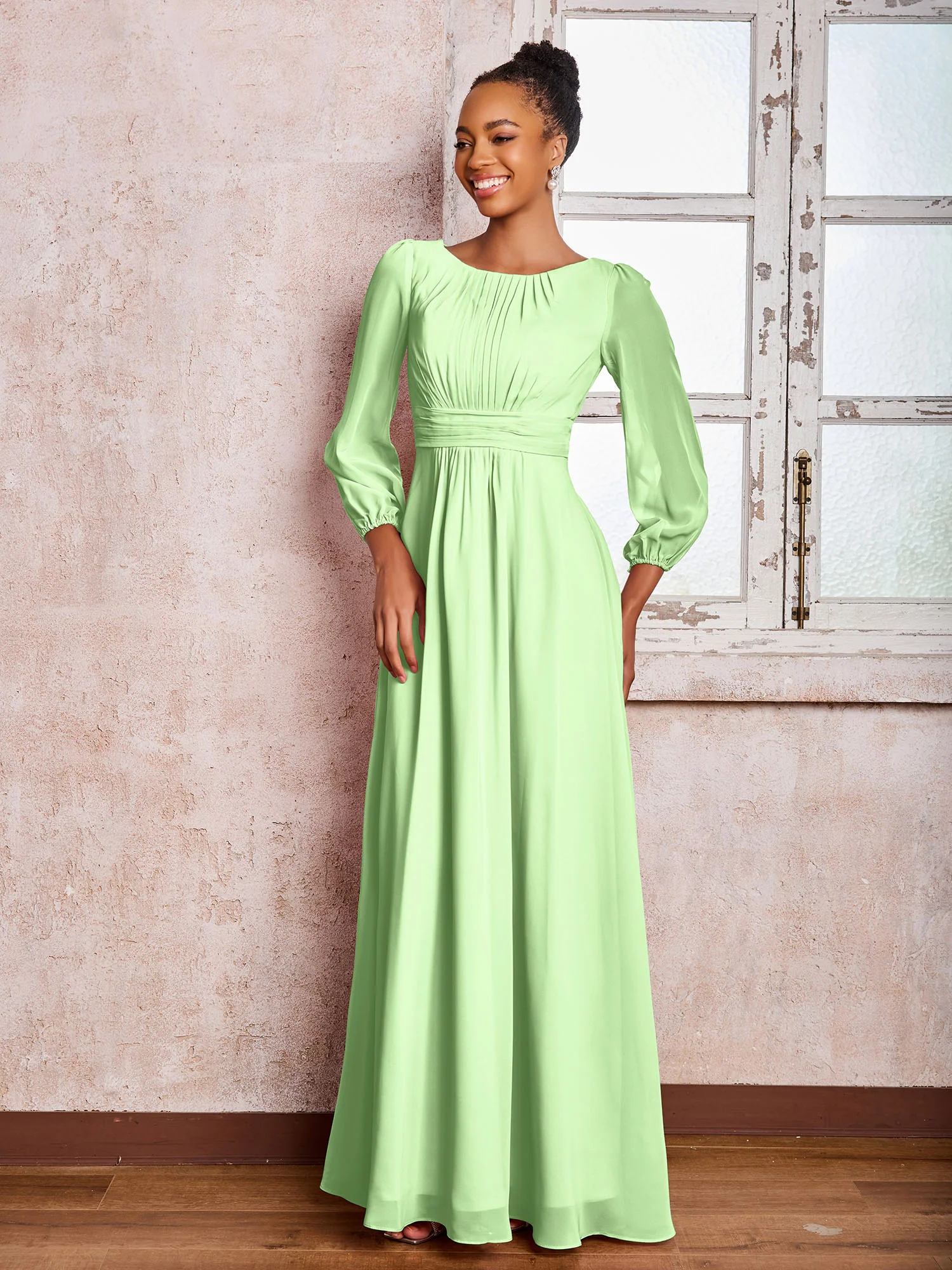 Bateau Neck Long Sleeves Ruched A-line Chiffon Dresses Sage - Image 3