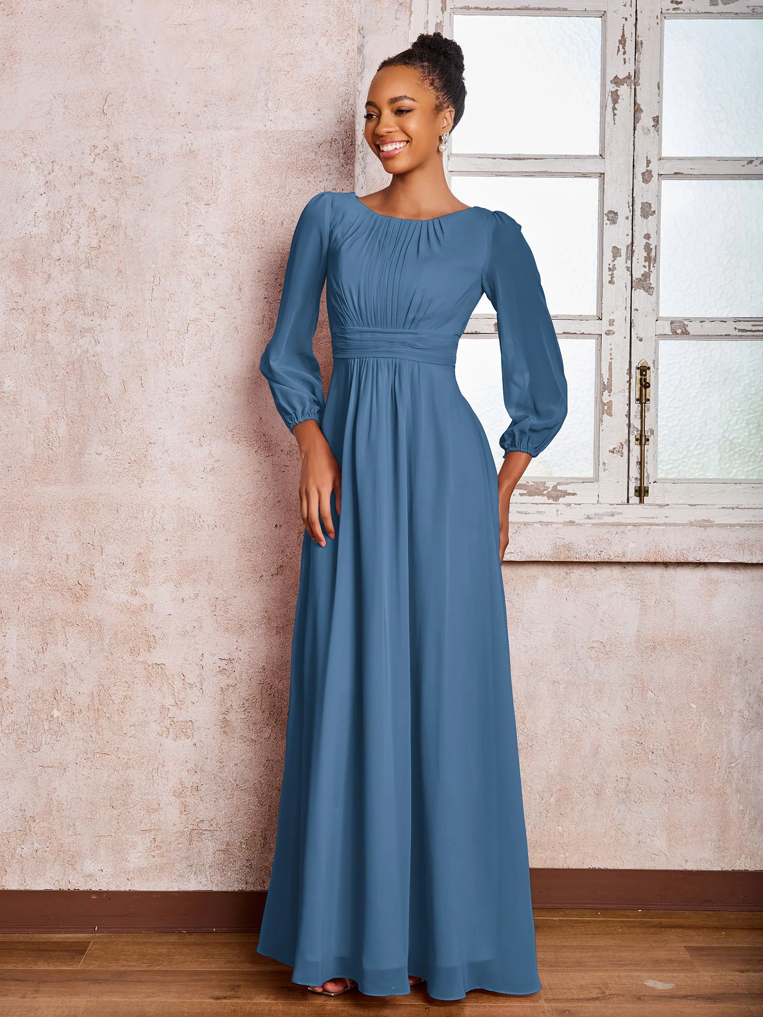 Bateau Neck Long Sleeves Ruched A-line Chiffon Dresses Slate Blue - Image 3