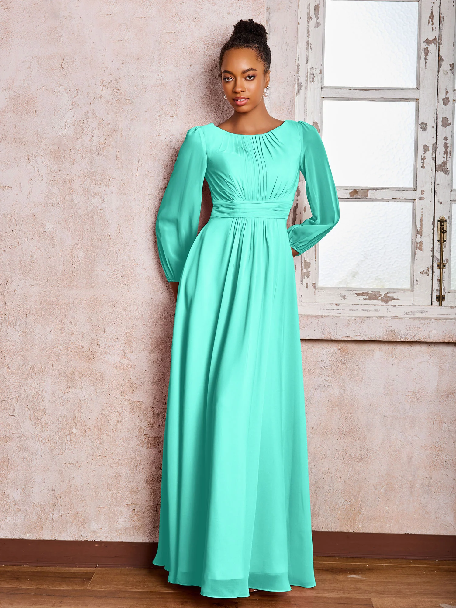 Bateau Neck Long Sleeves Ruched A-line Chiffon Dresses Spa