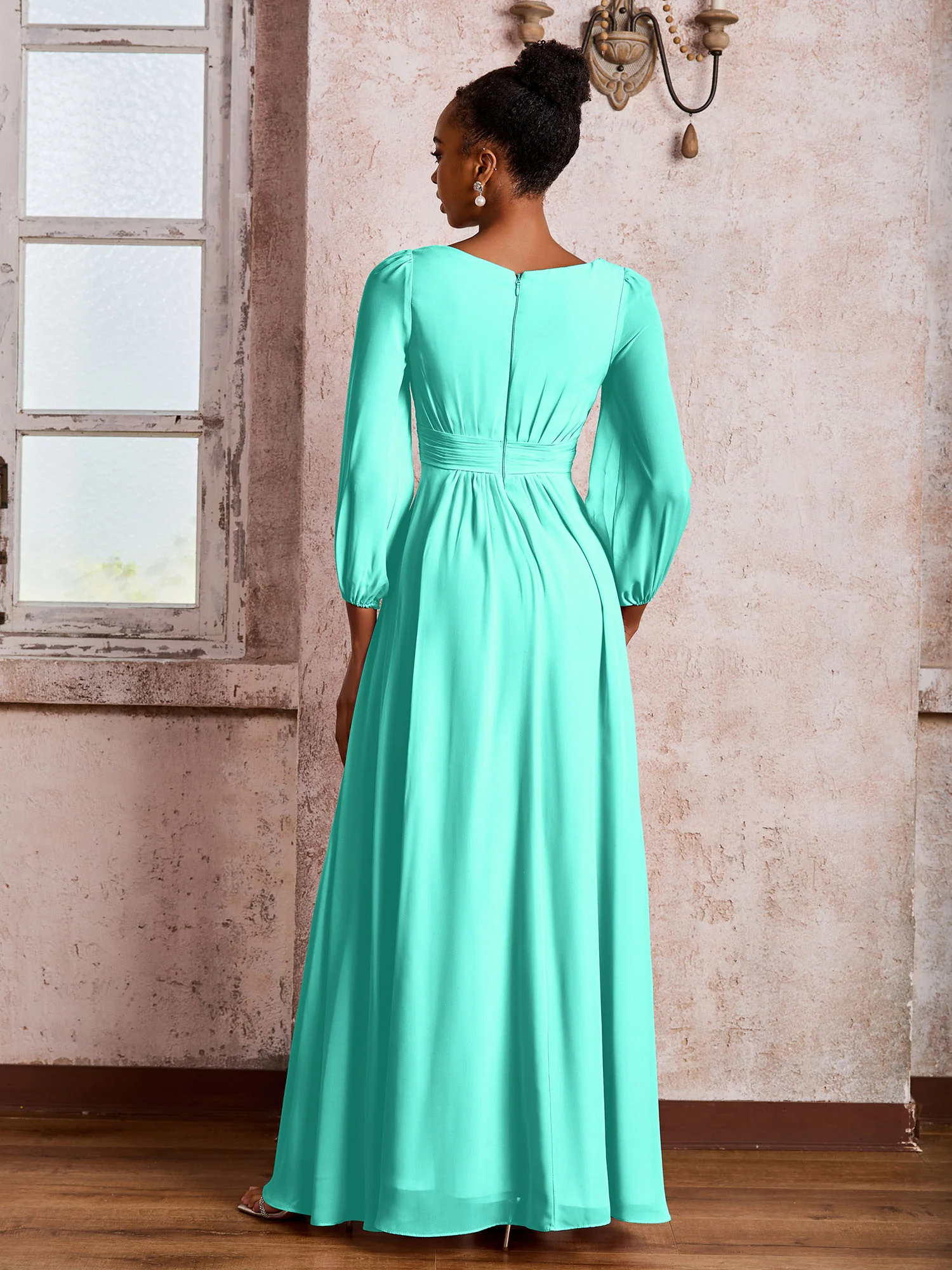 Bateau Neck Long Sleeves Ruched A-line Chiffon Dresses Spa - Image 2