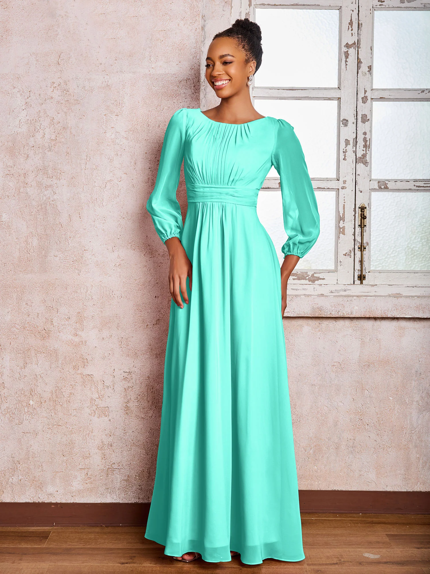 Bateau Neck Long Sleeves Ruched A-line Chiffon Dresses Spa - Image 3