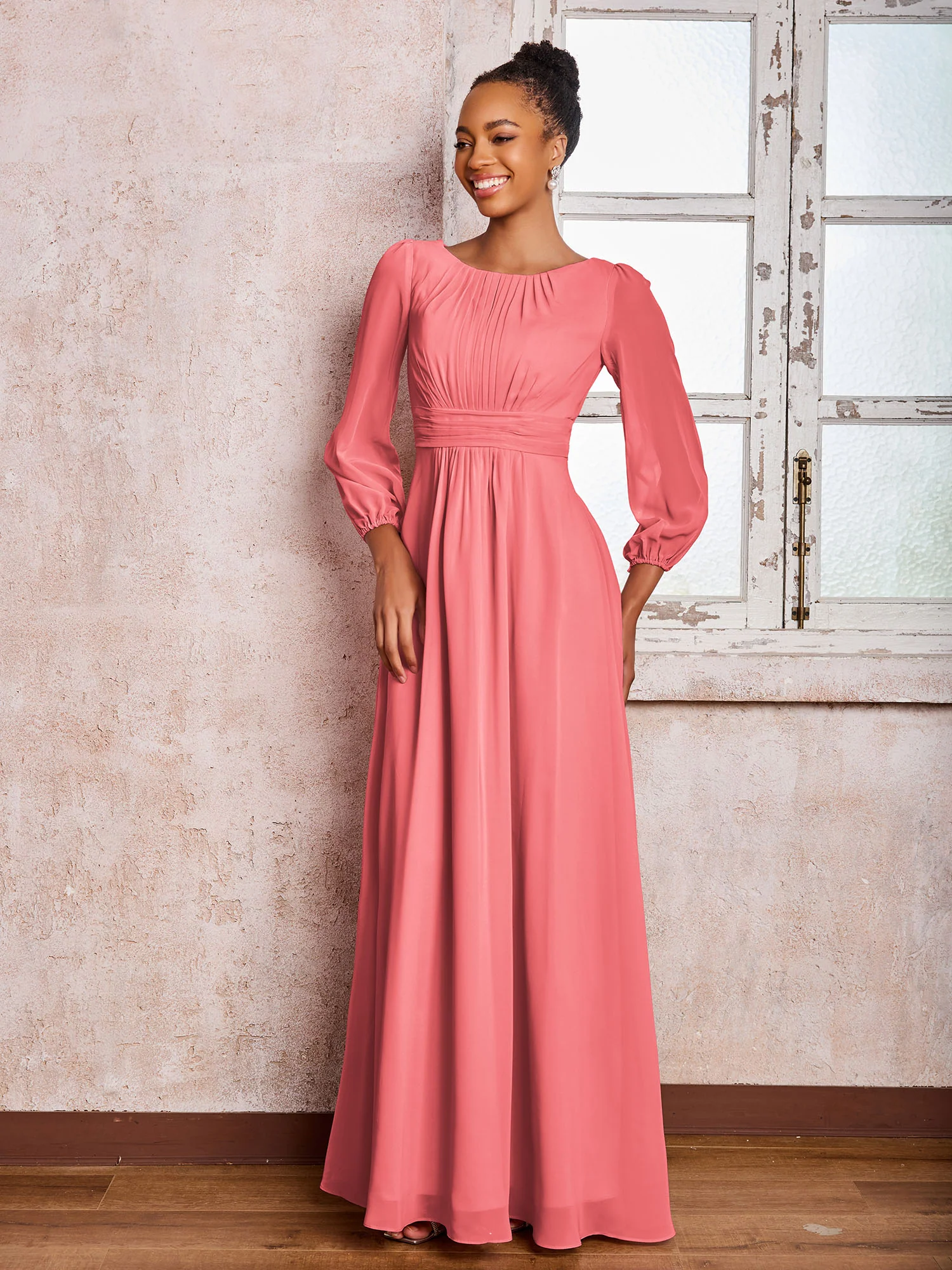 Bateau Neck Long Sleeves Ruched A-line Chiffon Dresses Watermelon - Image 3