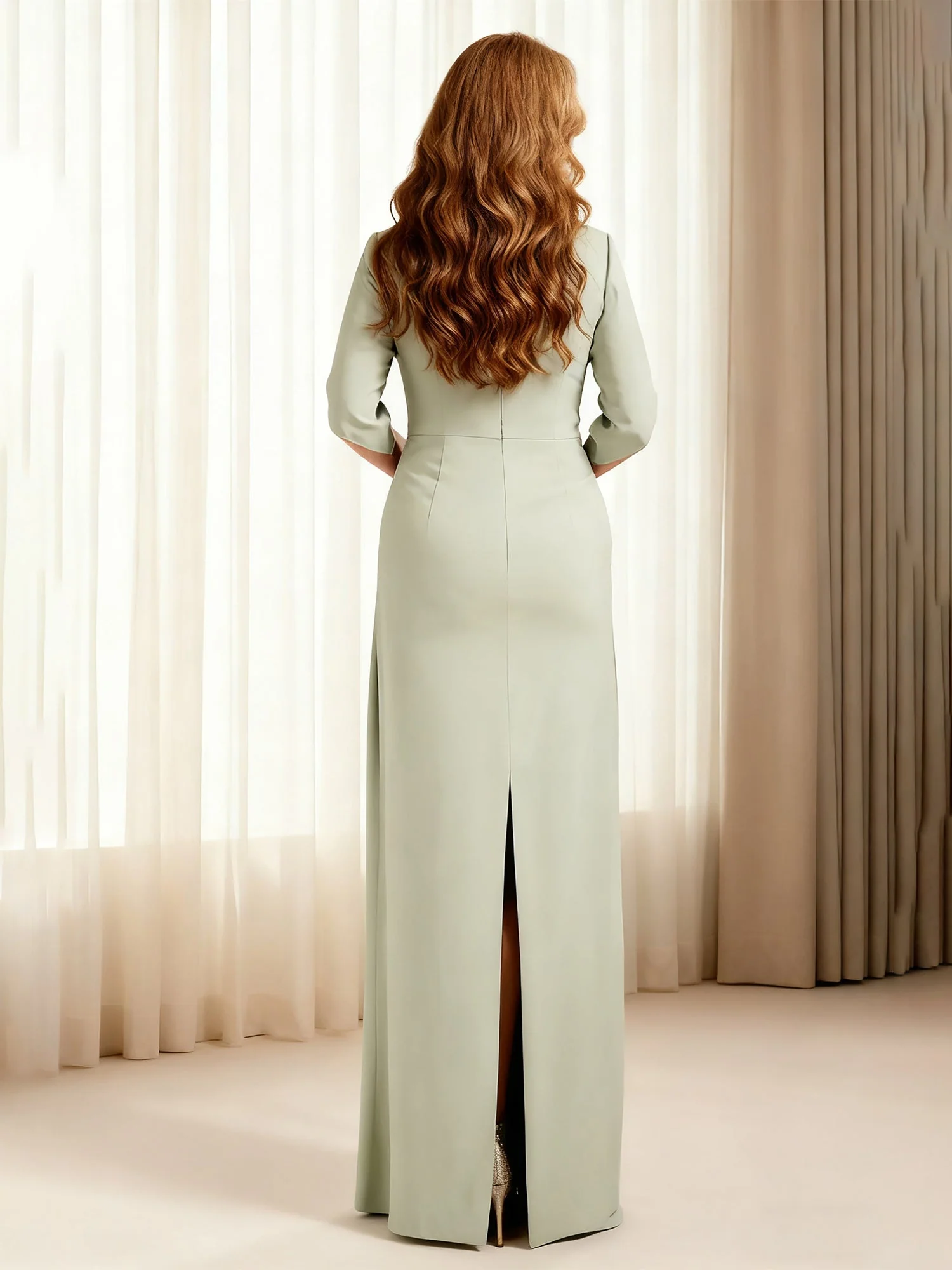 Bateau Neck Pleated Sheath Long Dress With Back Slit Ink Blue - Image 2