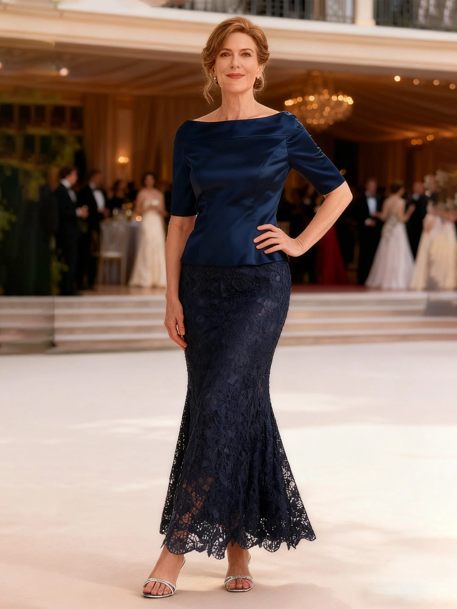 Bateau Neck Satin Lace Sheath Tea-length Dress Emerald