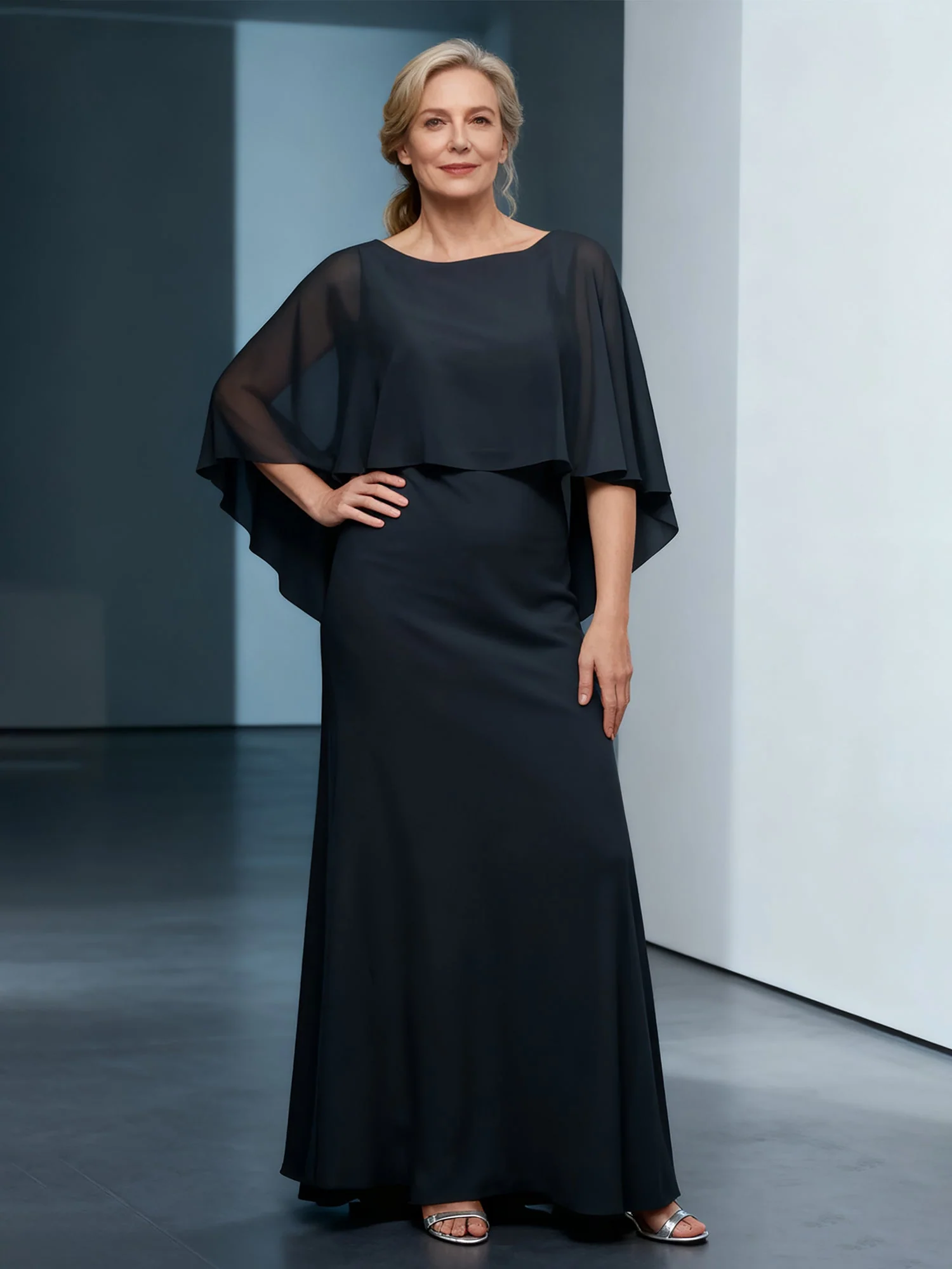 Bateau Neck Sheath Floor-length Dress With Cape Periwinkle