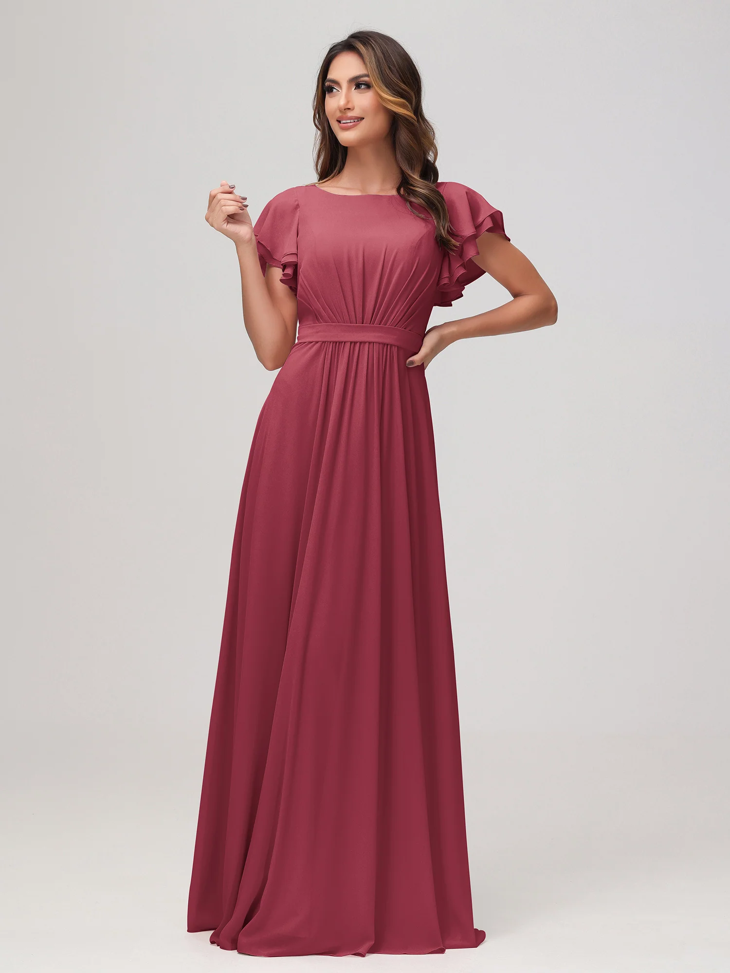 Bateau Neckline Flutter Sleeves Floor-length Dress Cinnamon Rose