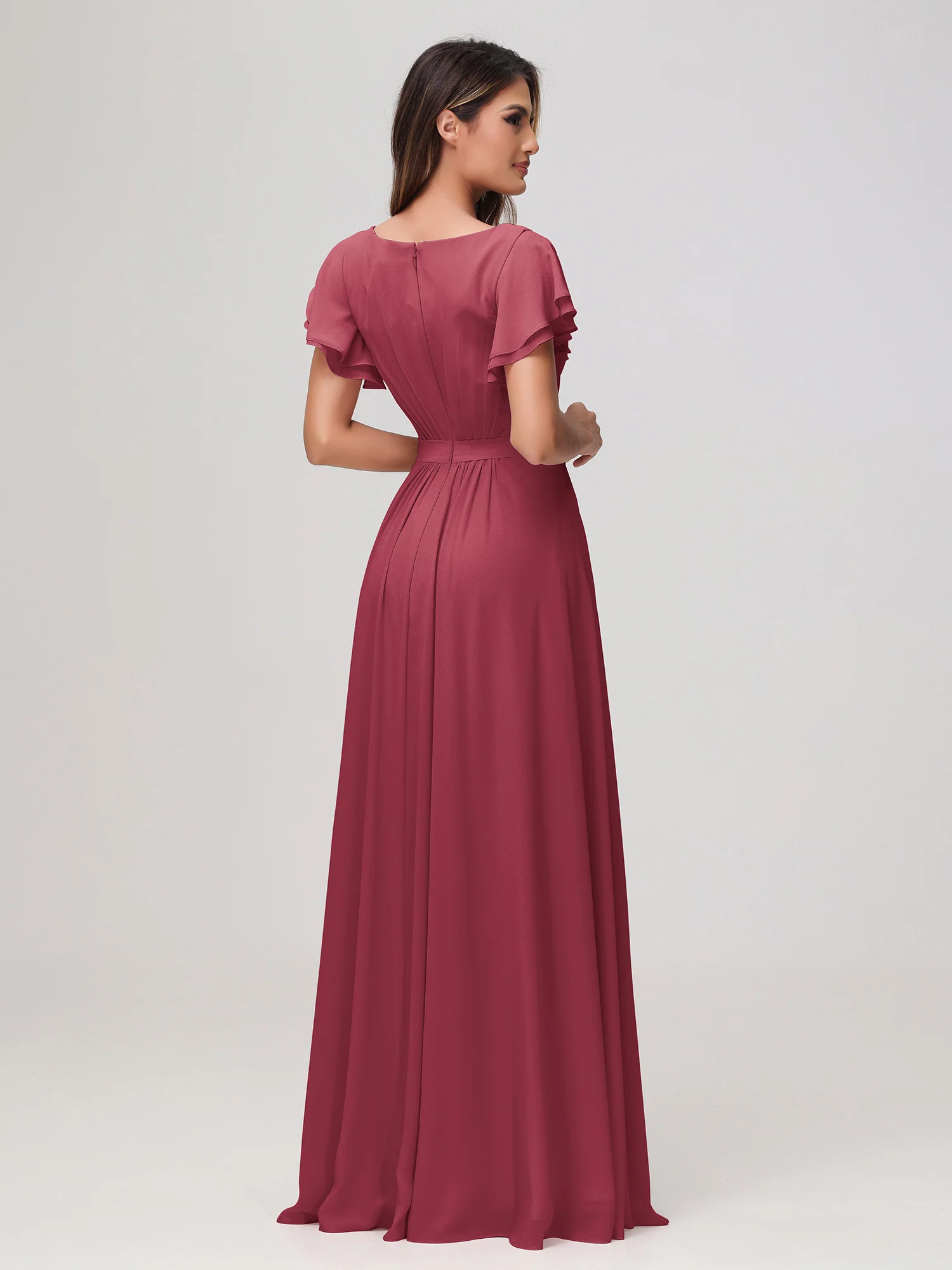 Bateau Neckline Flutter Sleeves Floor-length Dress Cinnamon Rose - Image 2