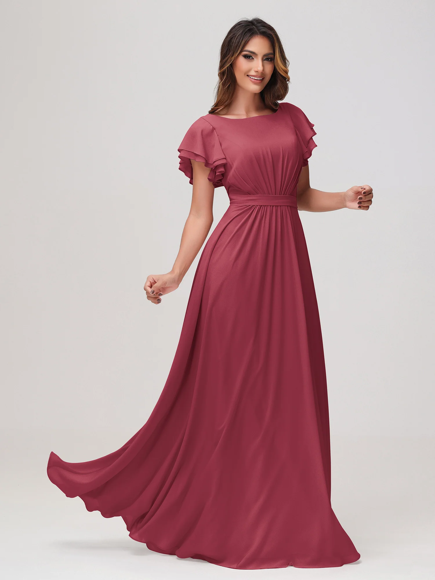 Bateau Neckline Flutter Sleeves Floor-length Dress Cinnamon Rose - Image 3